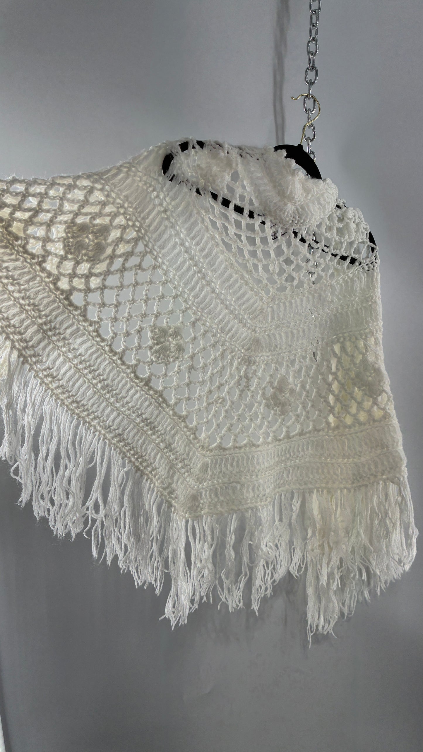 Vintage Off White Hand Knit Scarf Poncho Shawl Cape