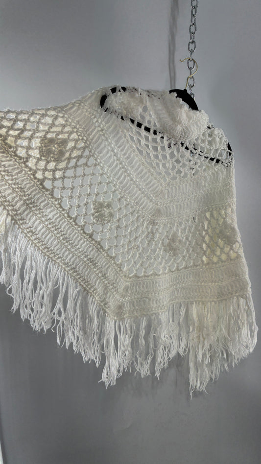 Vintage Off White Hand Knit Scarf Poncho Shawl Cape