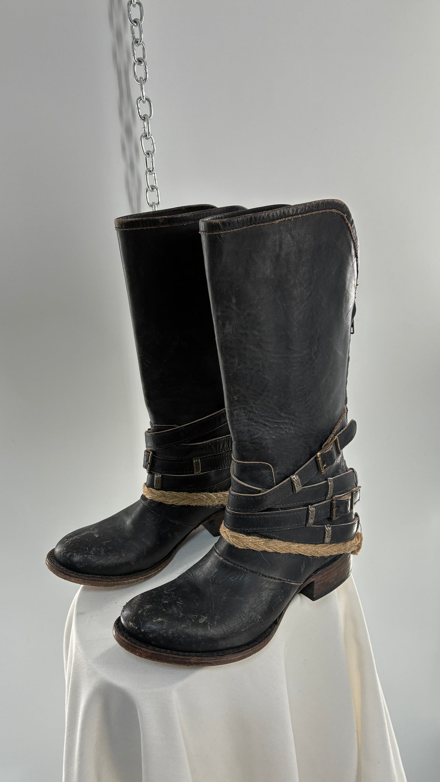 Vintage FREEBIRD Drove Distressed Black Leather Boot with Buckle Detailing (8)