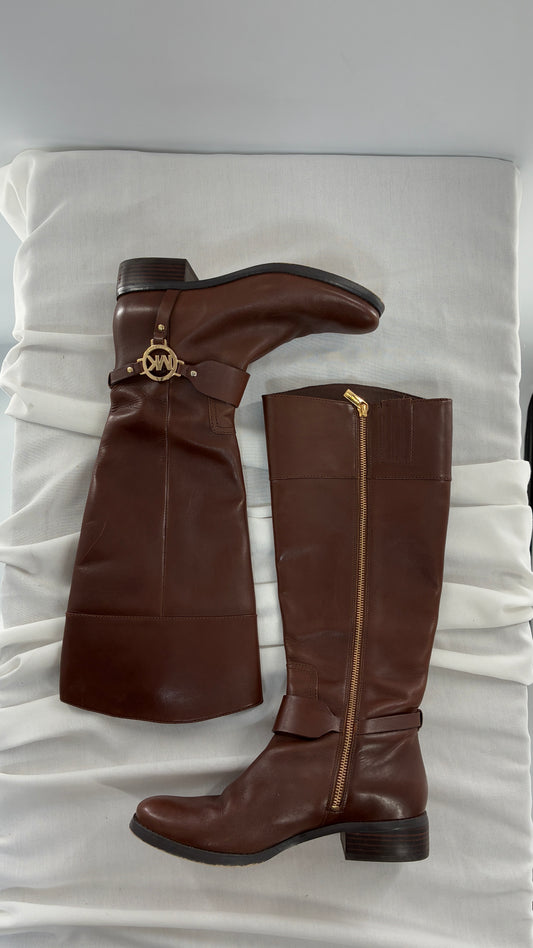 Vintage MICHAEL KORS Knee High Brown Genuine Leather Moto Boot with Gold Detailing (9)