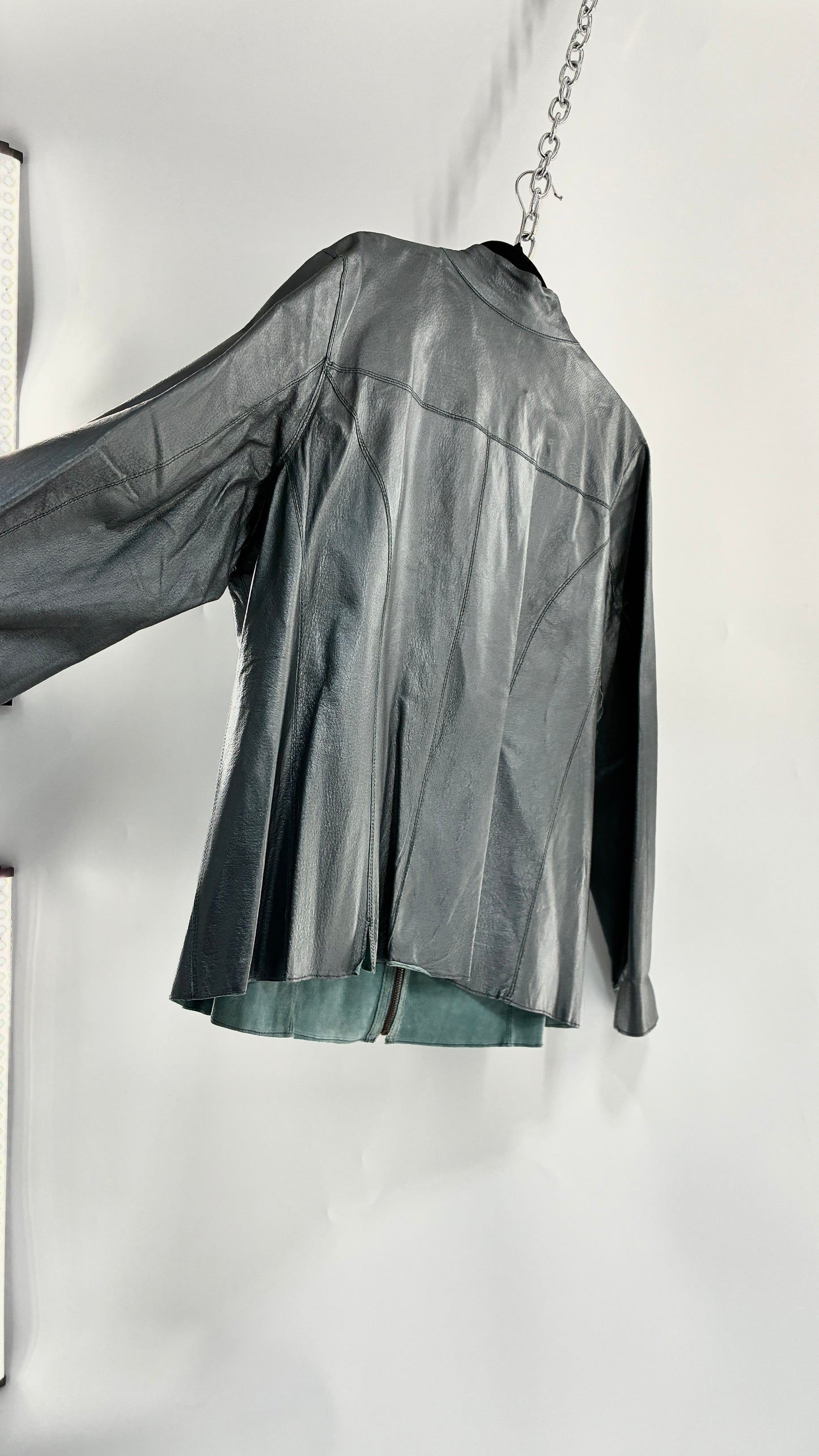 Vintage 1990s Metallic Blue Genuine Leather and Suede Reversible Thin, Zip Up Moto Jacket (XXL)