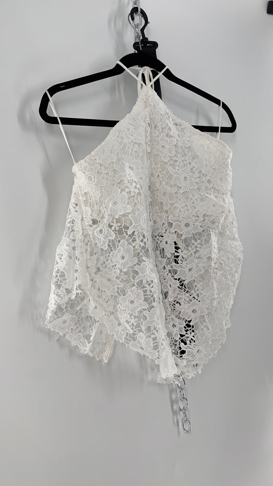 Free People White Smocked Halter with Lace Overlay (Medium)