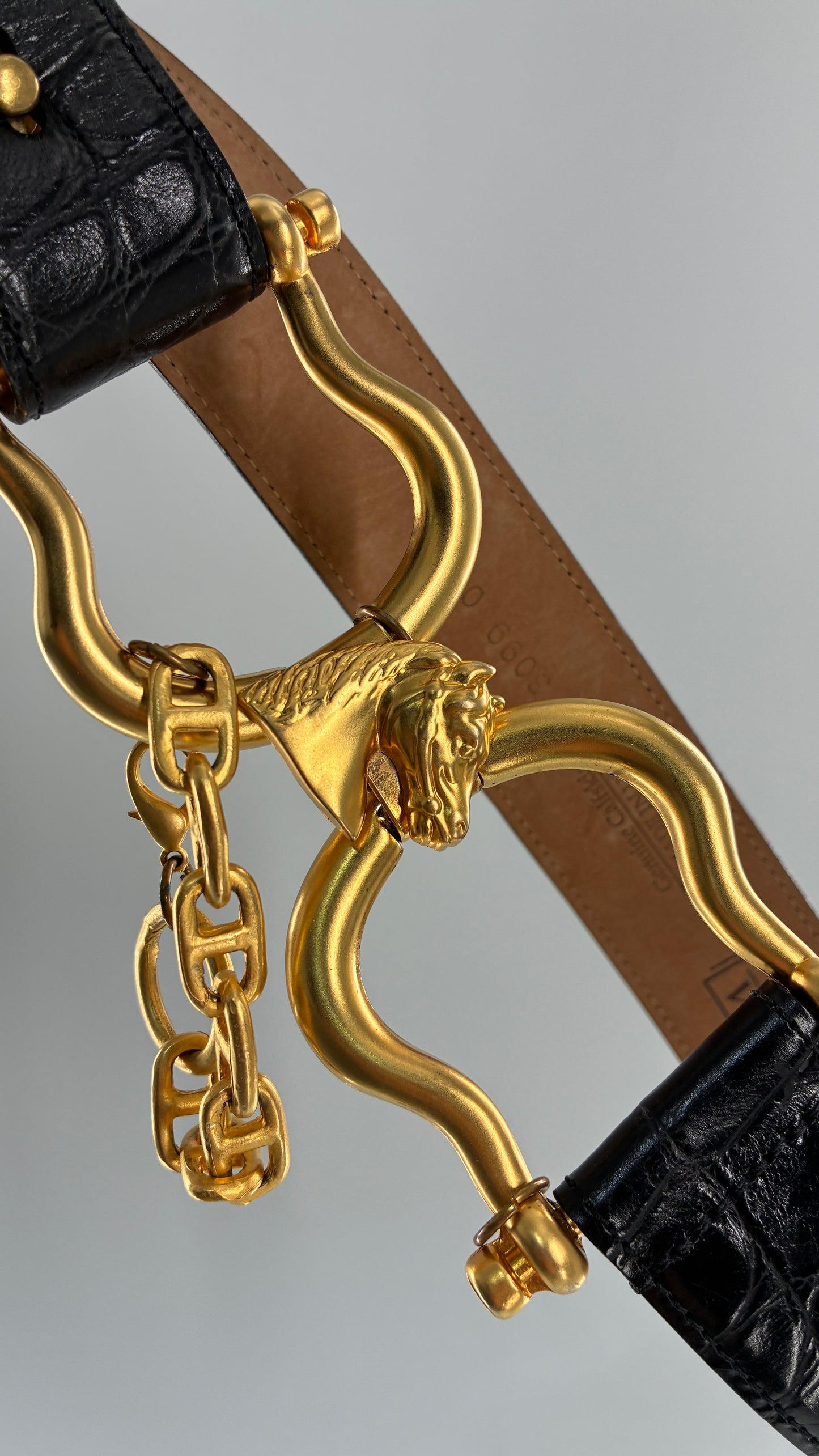 Vintage WCM New York Genuine Calfskin Belt with Golden Sculptural Horse Head Door-Knocker Buckle and Chain Detail  (Medium)