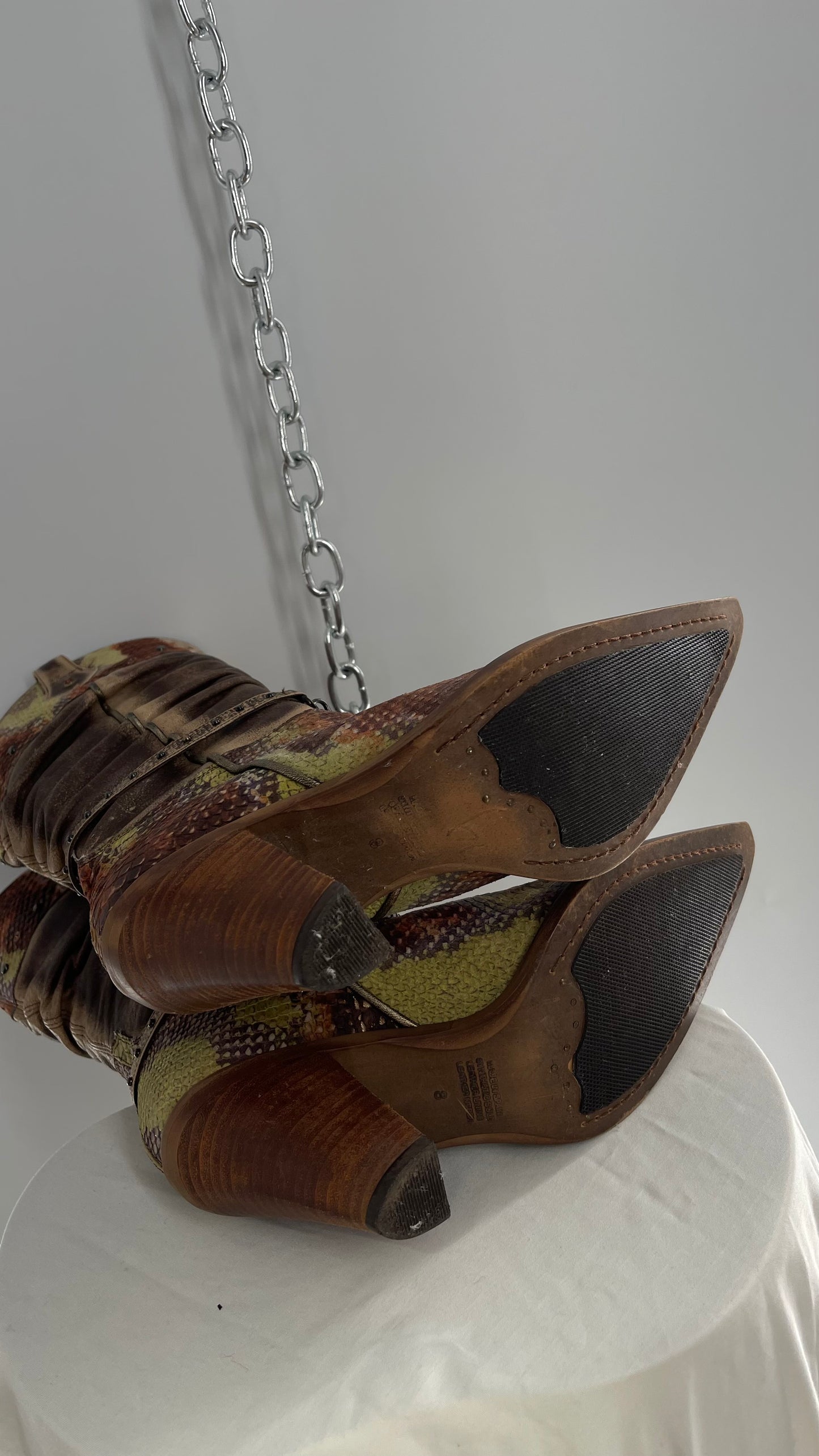 Vintage Steve Madden Stacked/Ruched Pointed Toe Cowboys with Snake Texture, Brown/Green/Orange with Chains and Studs (8)