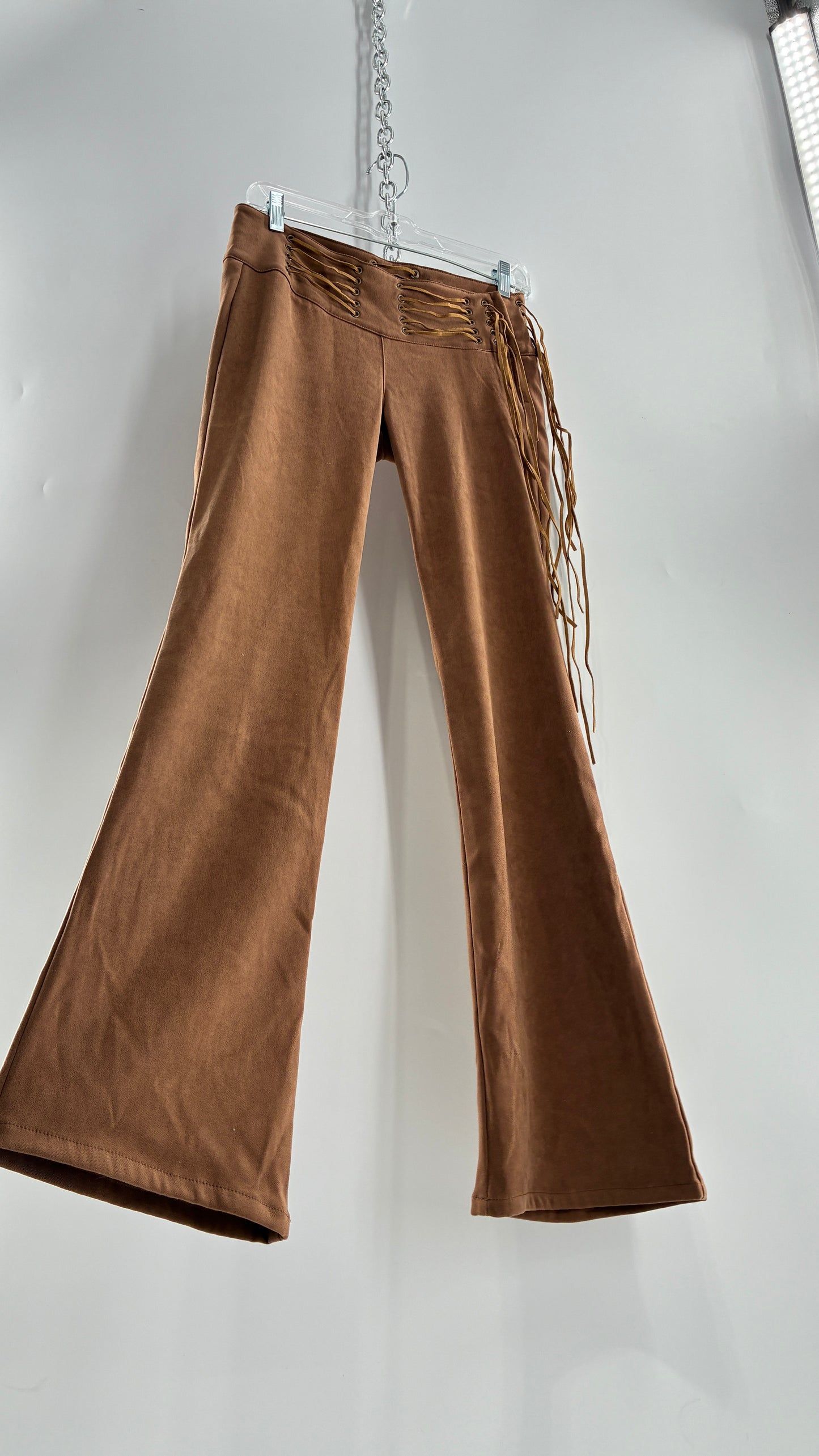 Vintage Rare L.E.I Low Rise Faux Suede Kick Flares with Wide, Thread Through Tassels Hip Band (5)