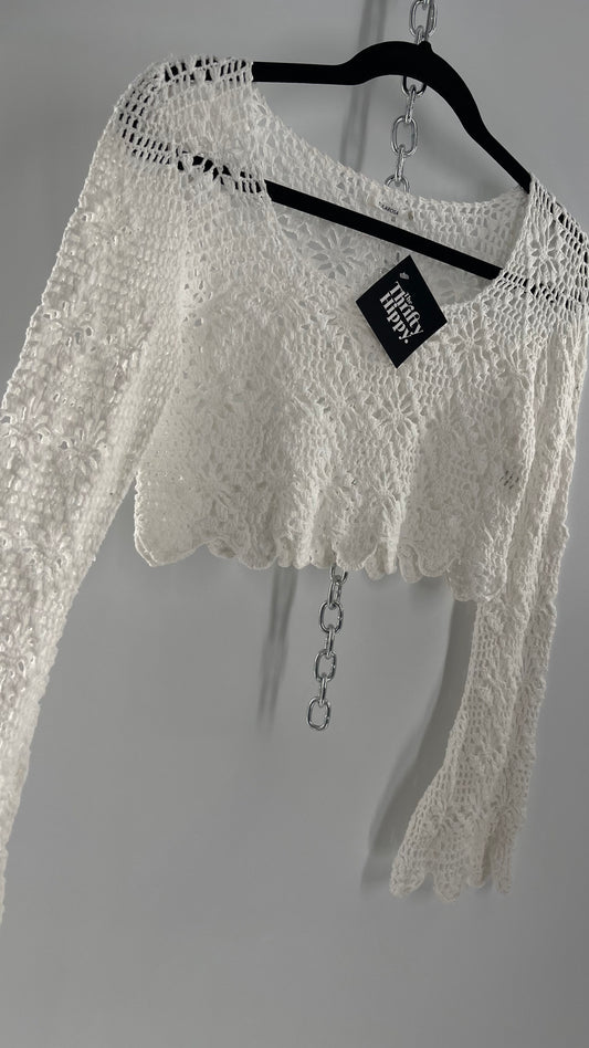 Vintage Tula Rosa Amaka White Crochet Cropped Long Sleeve (Small)