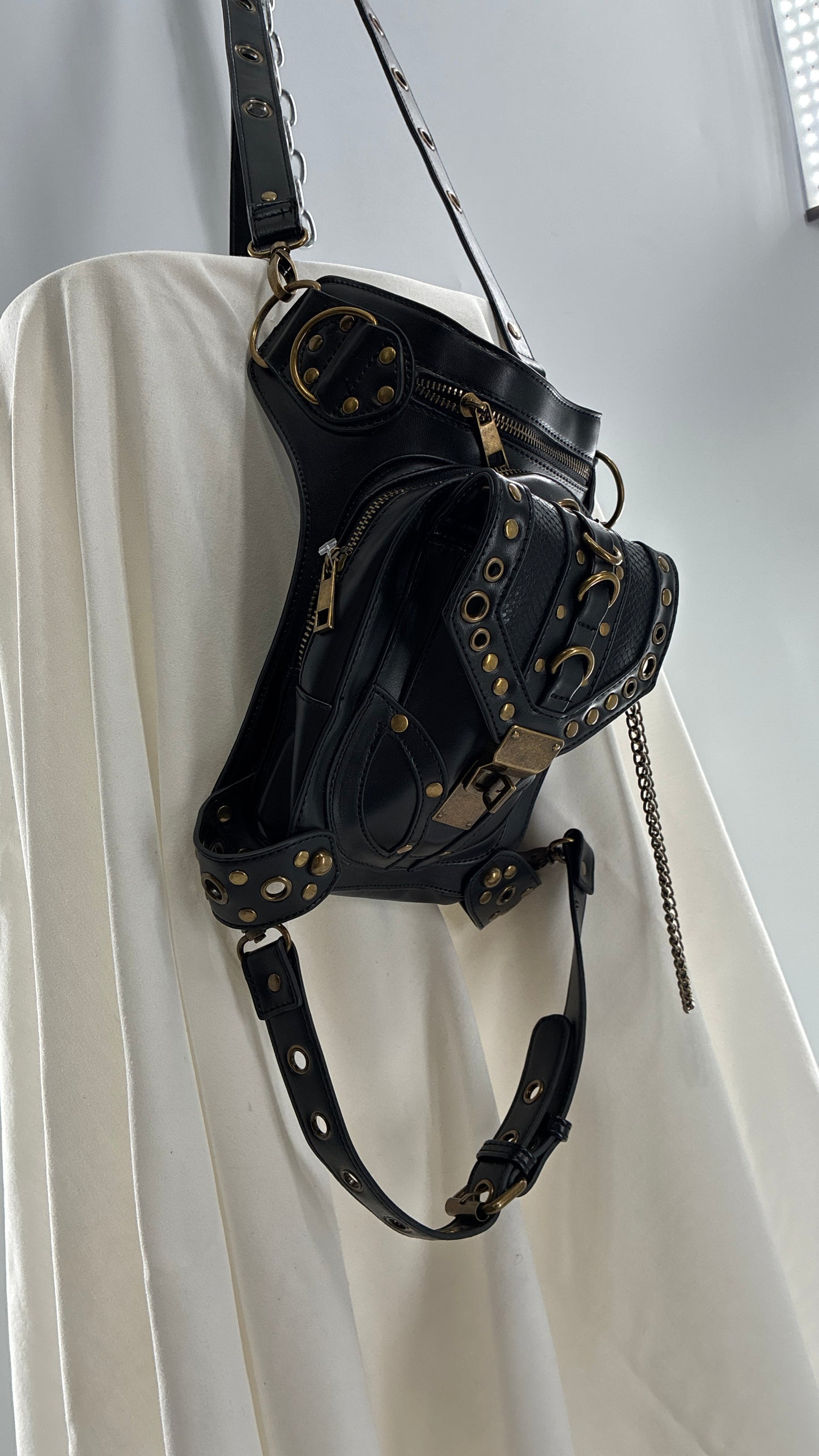 Vintage Bronze Studded, Leather Thigh Strap Crossbody Bag