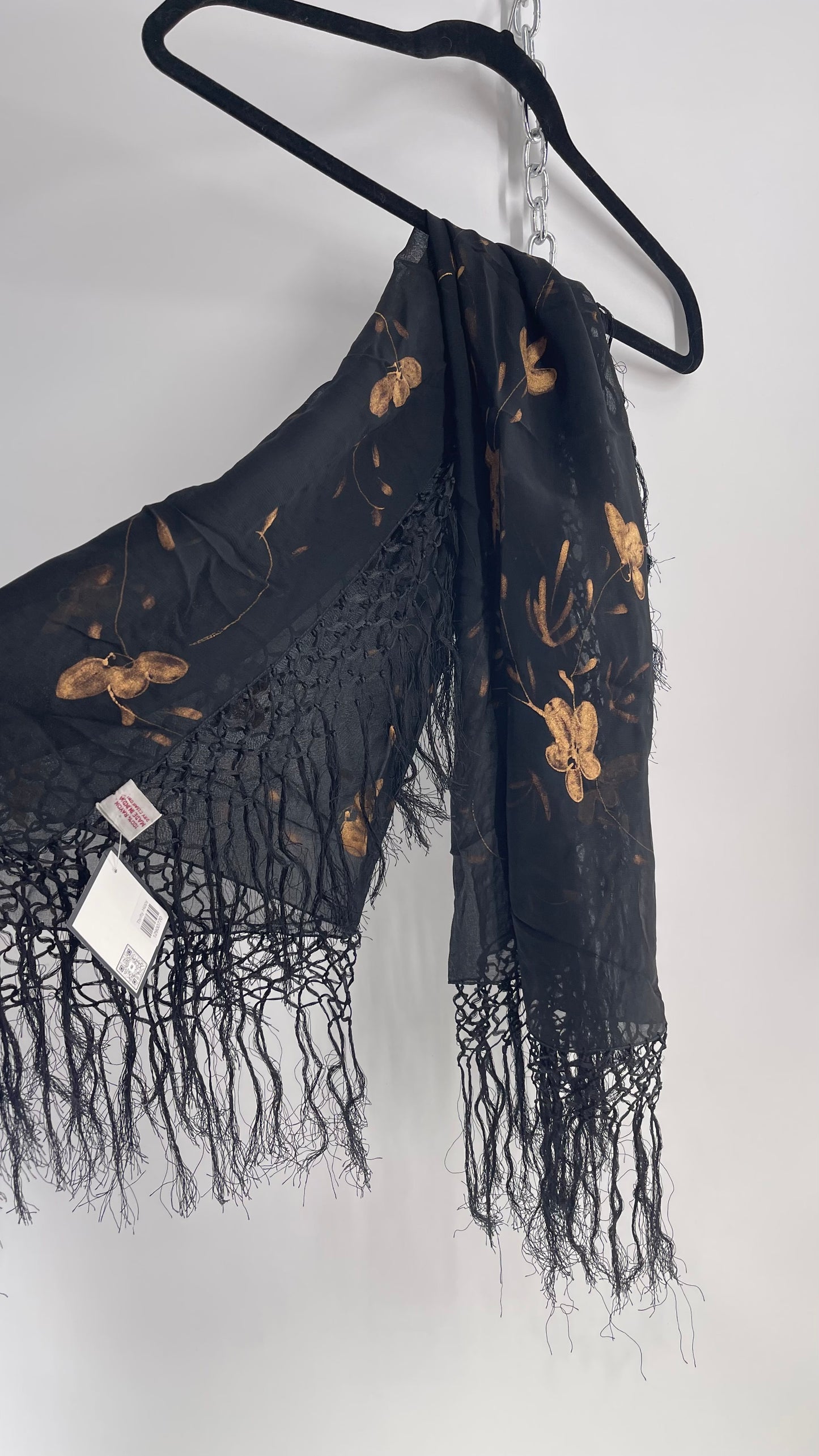 Vintage Black Fringe Scarf with Gold Painted Florals