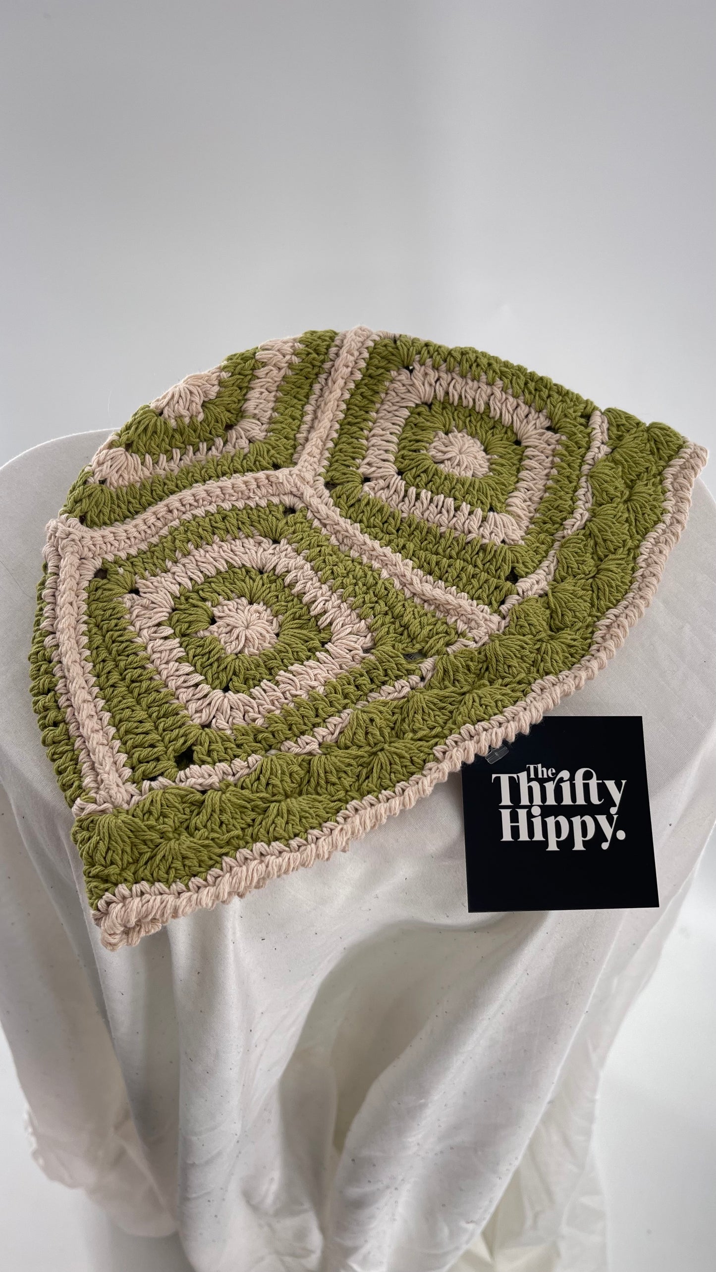 Green and Beige Crochet Granny Knit Bucket Hat