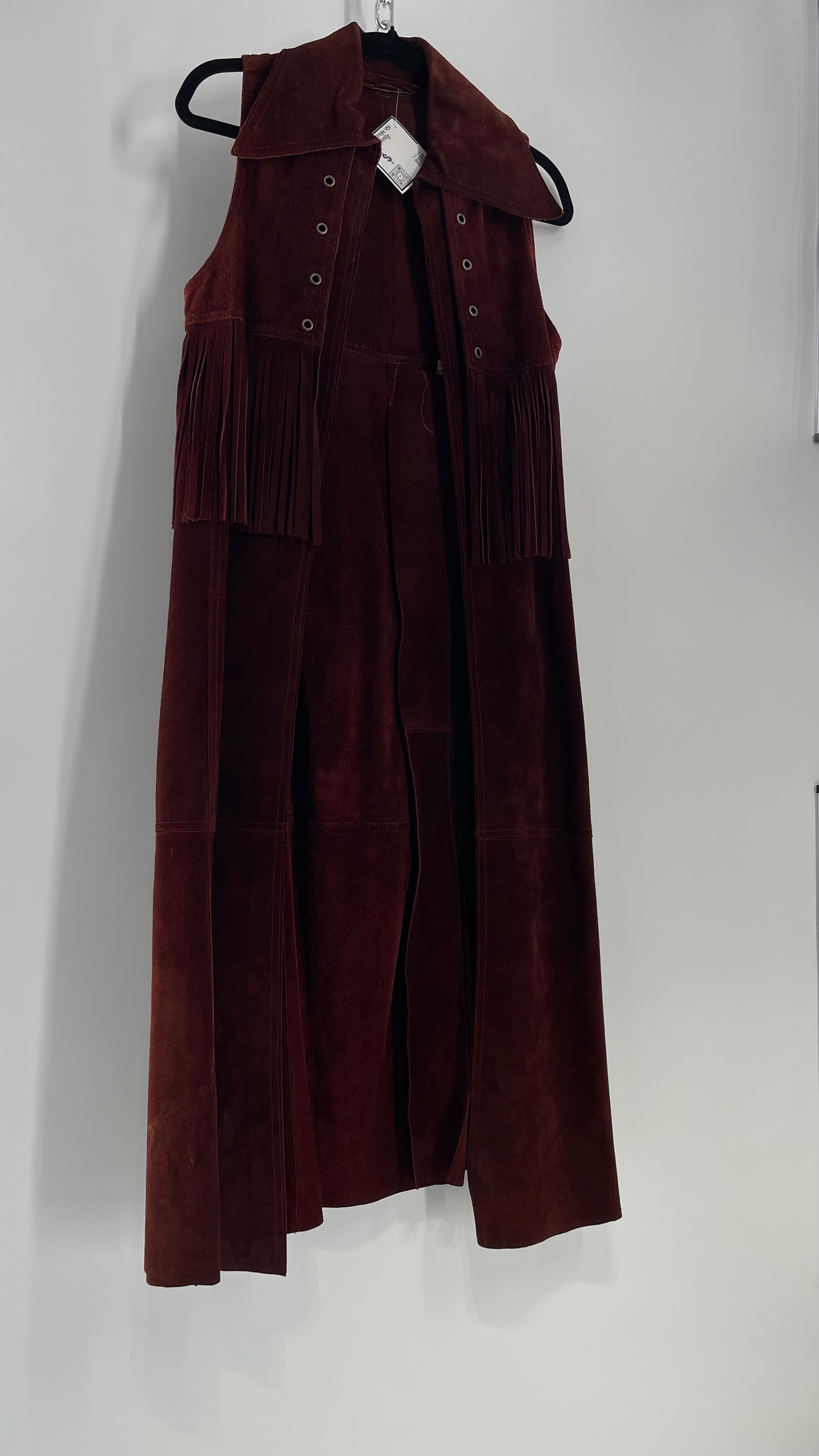 Vintage 1970s Suede Leather Full Length Reddish Brown Vest (S/M)