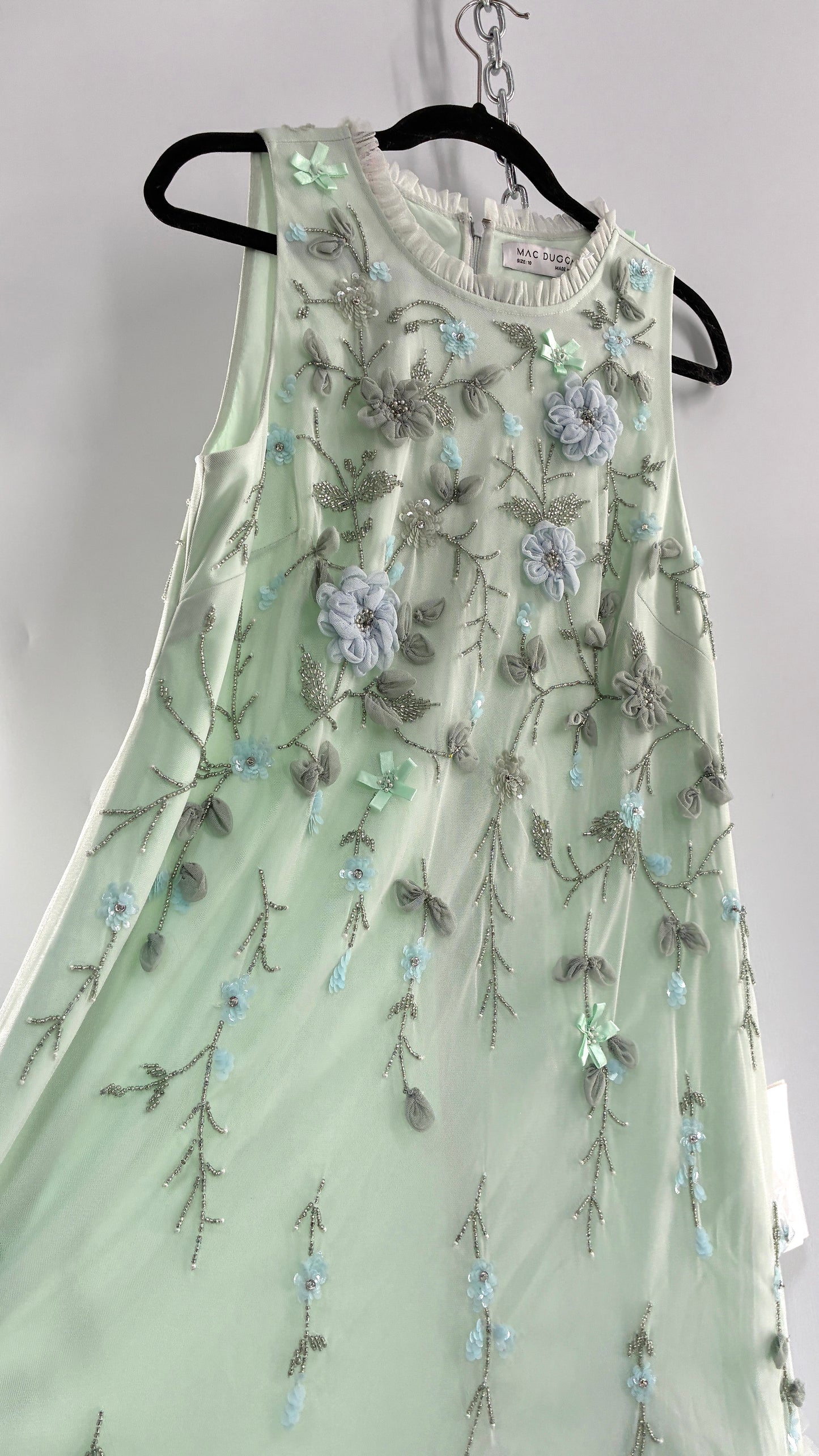 MAC DUGGAL Green Embellished Ruffle Tiered High Neck Floral Dress (10)
