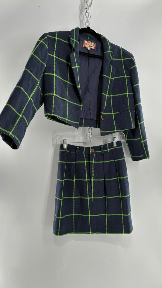 Vintage FIORUCCI GANG Navy and Neon Green Plaid Suit Set with Cropped Blazer and Mini Skirt (40,42)