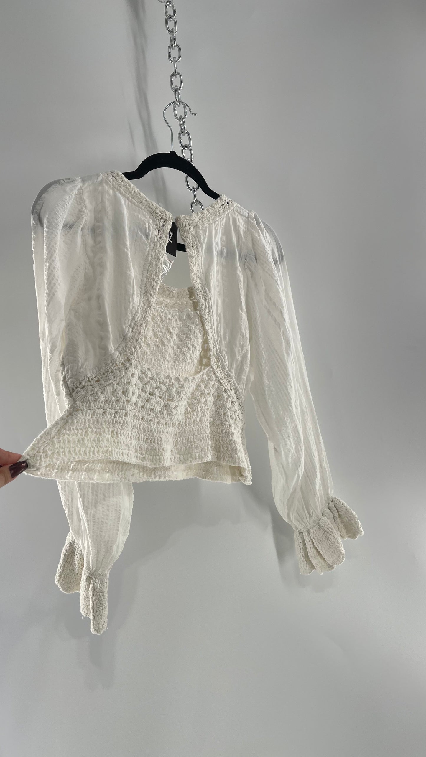 Free People White Megan Blouse with Crochet Knit Bodice and Open Back (XS)