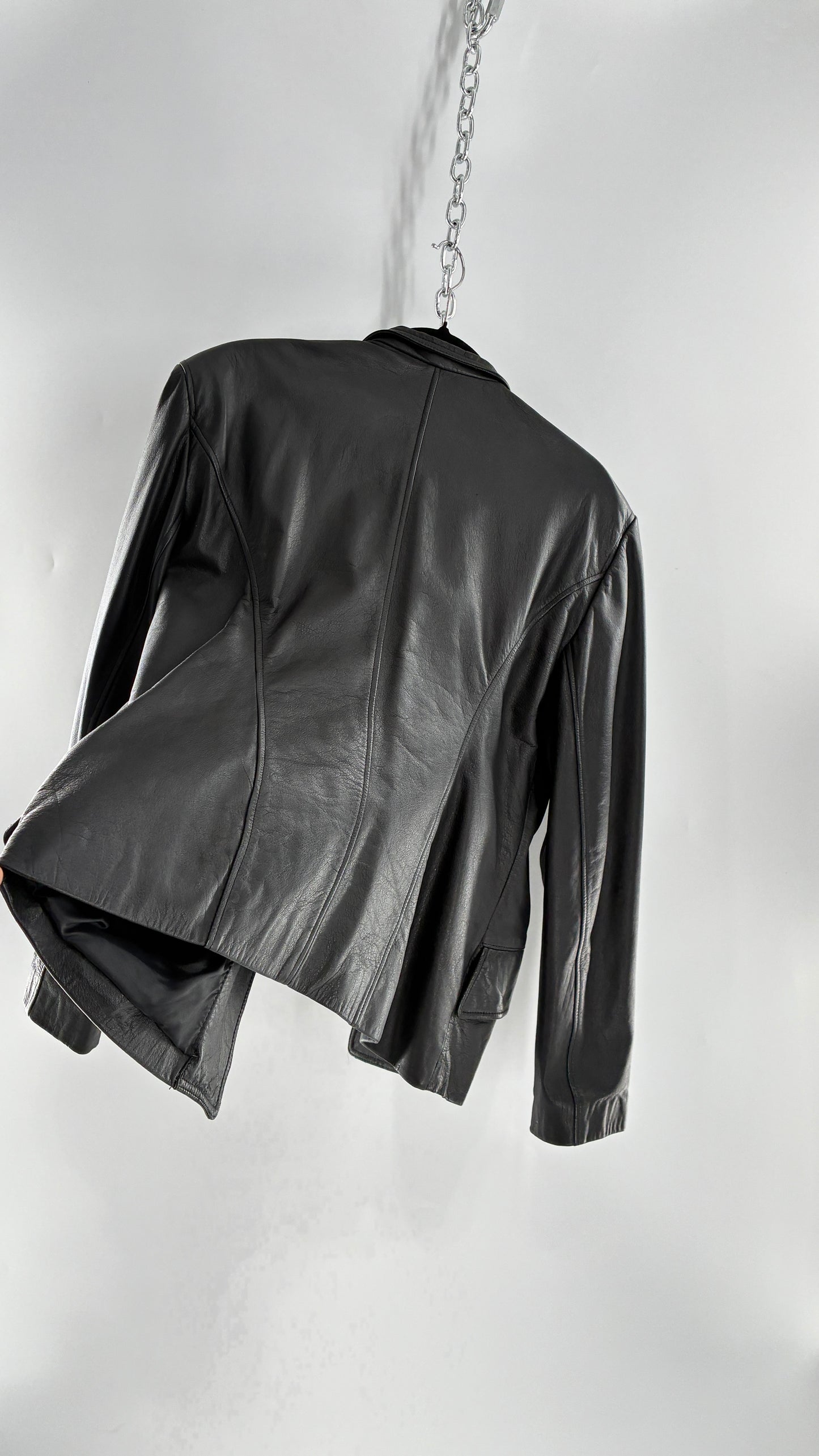 Vintage Virginia Slims Black Genuine Leather Military Jacket with Double Breasted Embossed Buttons (Large)