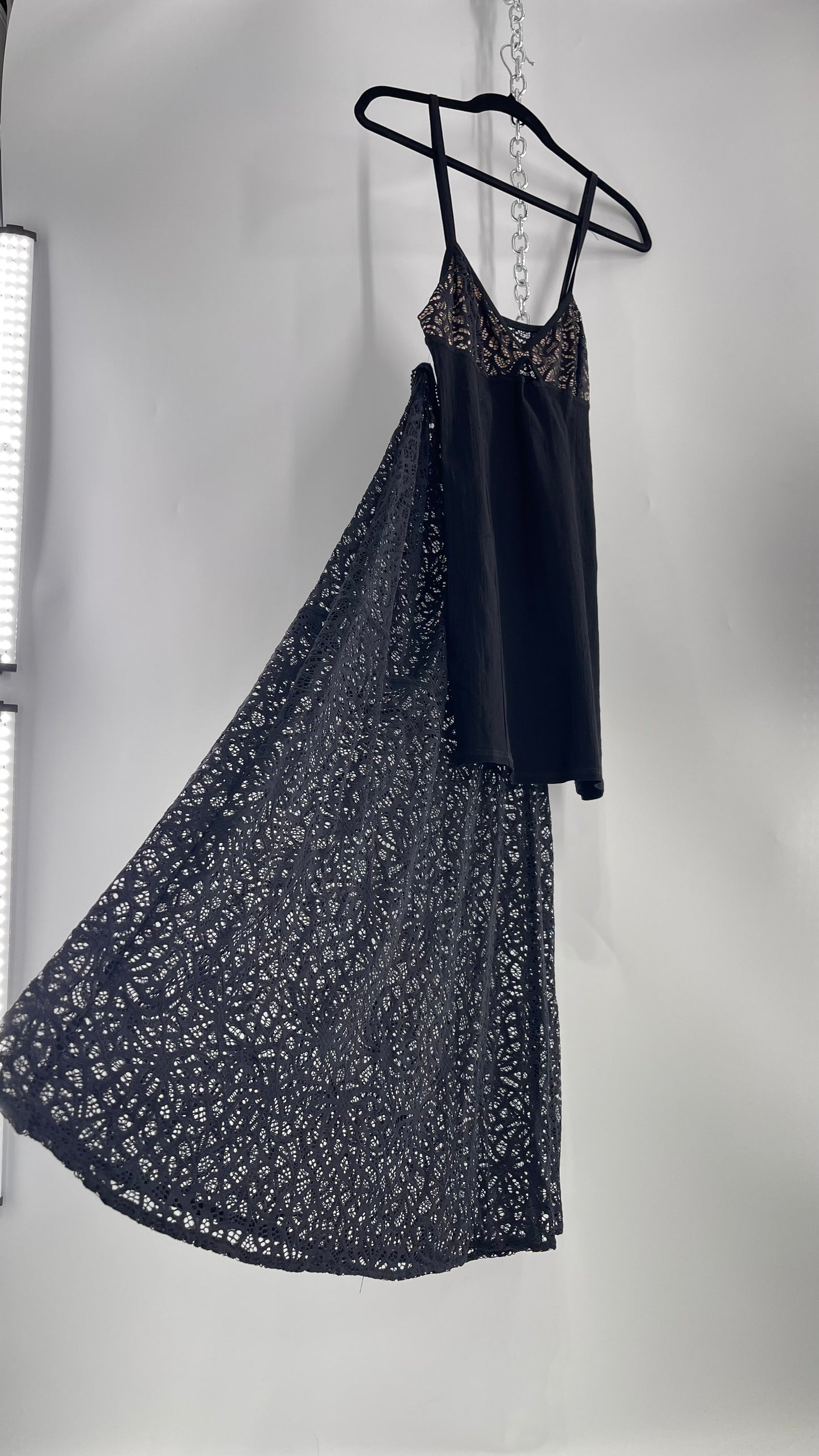 Intimately Free People Set Black Mini Dress with Nude Bust and Lace Sheer Maxi Skirt (Medium)