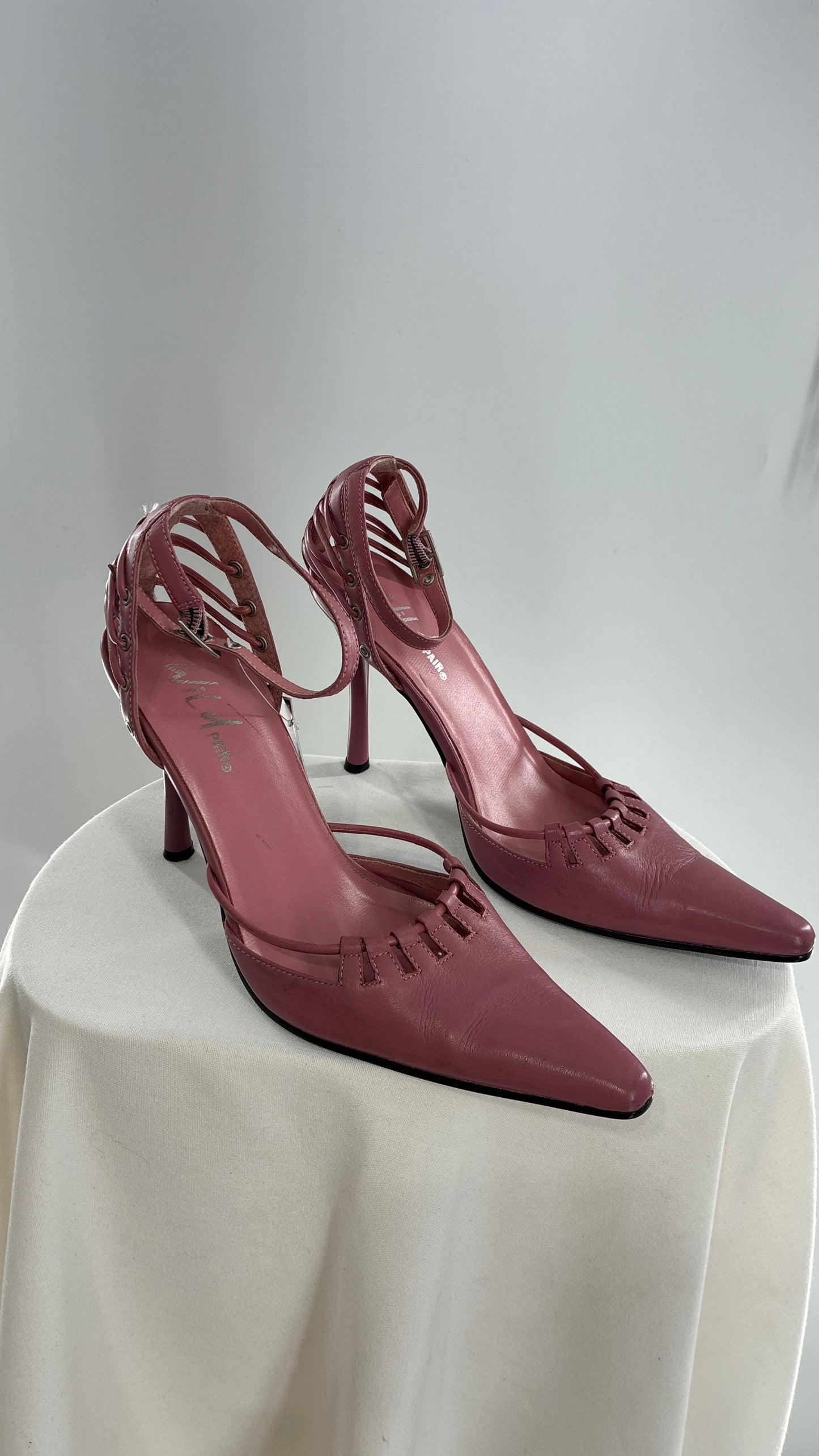Vintage WILD PAIR Pink Pointed Toe Heels with Strappy Grommet Details (6.5)