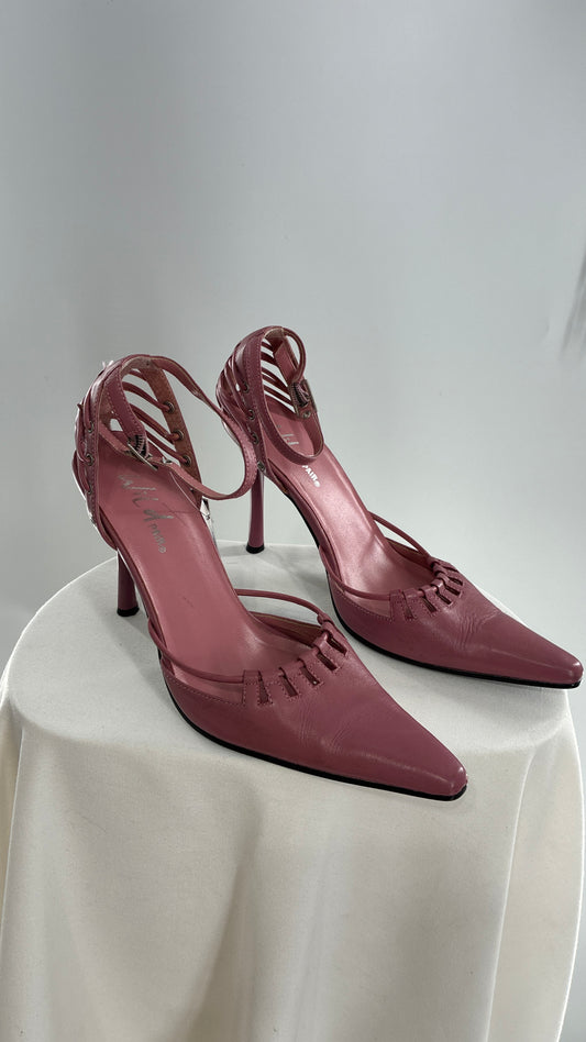 Vintage WILD PAIR Pink Pointed Toe Heels with Strappy Grommet Details (6.5)