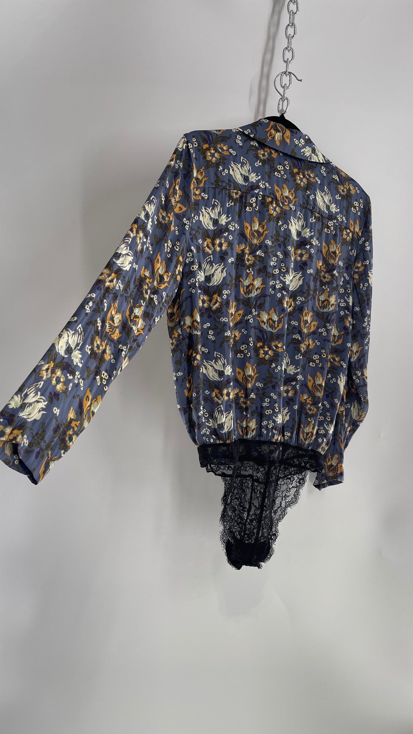 Free People Blue Floral Silky Bodysuit with Plunging Lapels (XS)