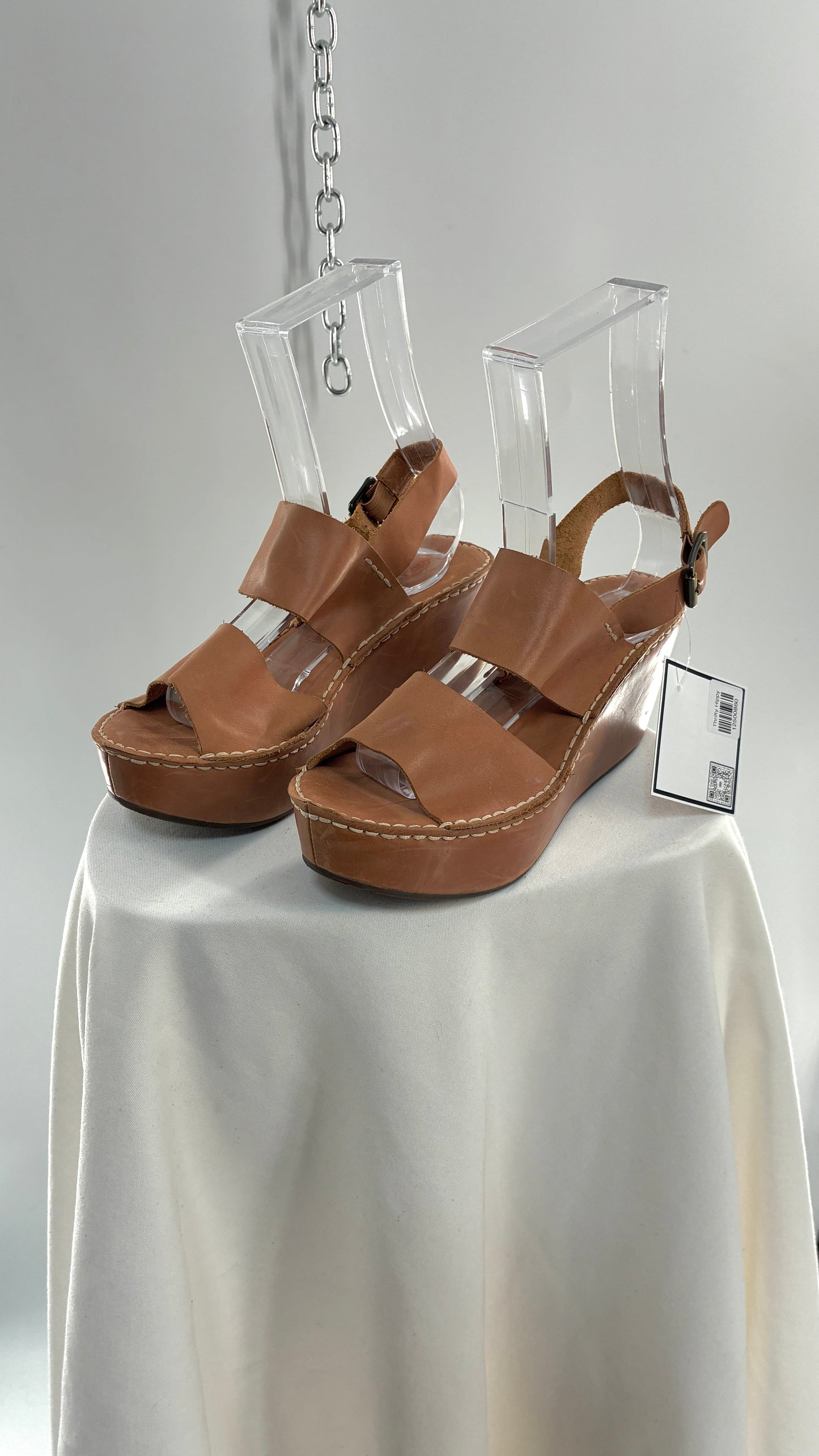 Chocolat Blu Tan Genuine Leather Wedge Platform Sandals (8.5)