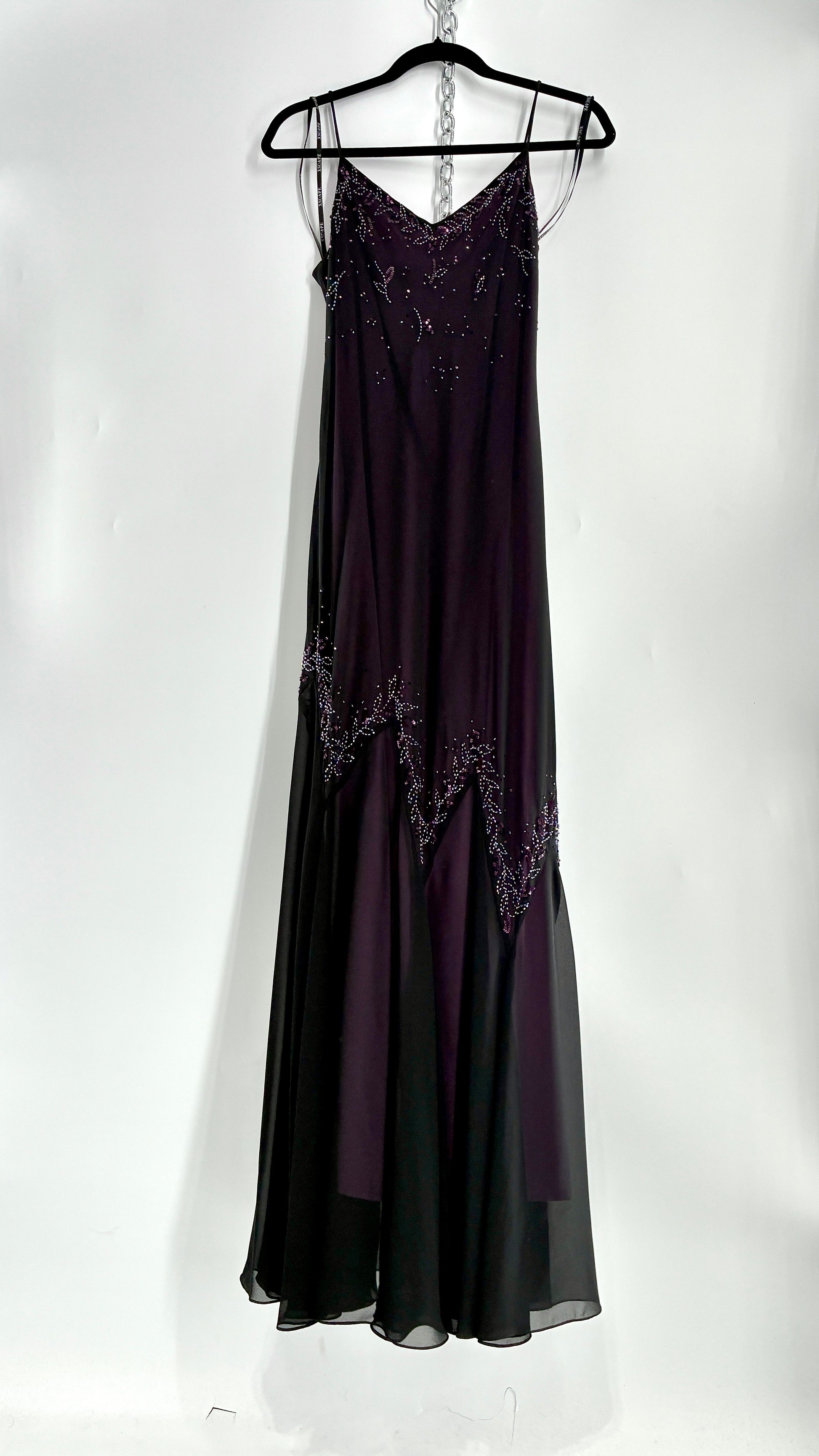 Vintage XSCAPE Full Length Black Beaded Gown with Purple Underlay (4) The Thrifty Hippy Vintage XSCAPE Full Length Black Beaded Gown with Purple Underlay (4) The Thrifty Hippy