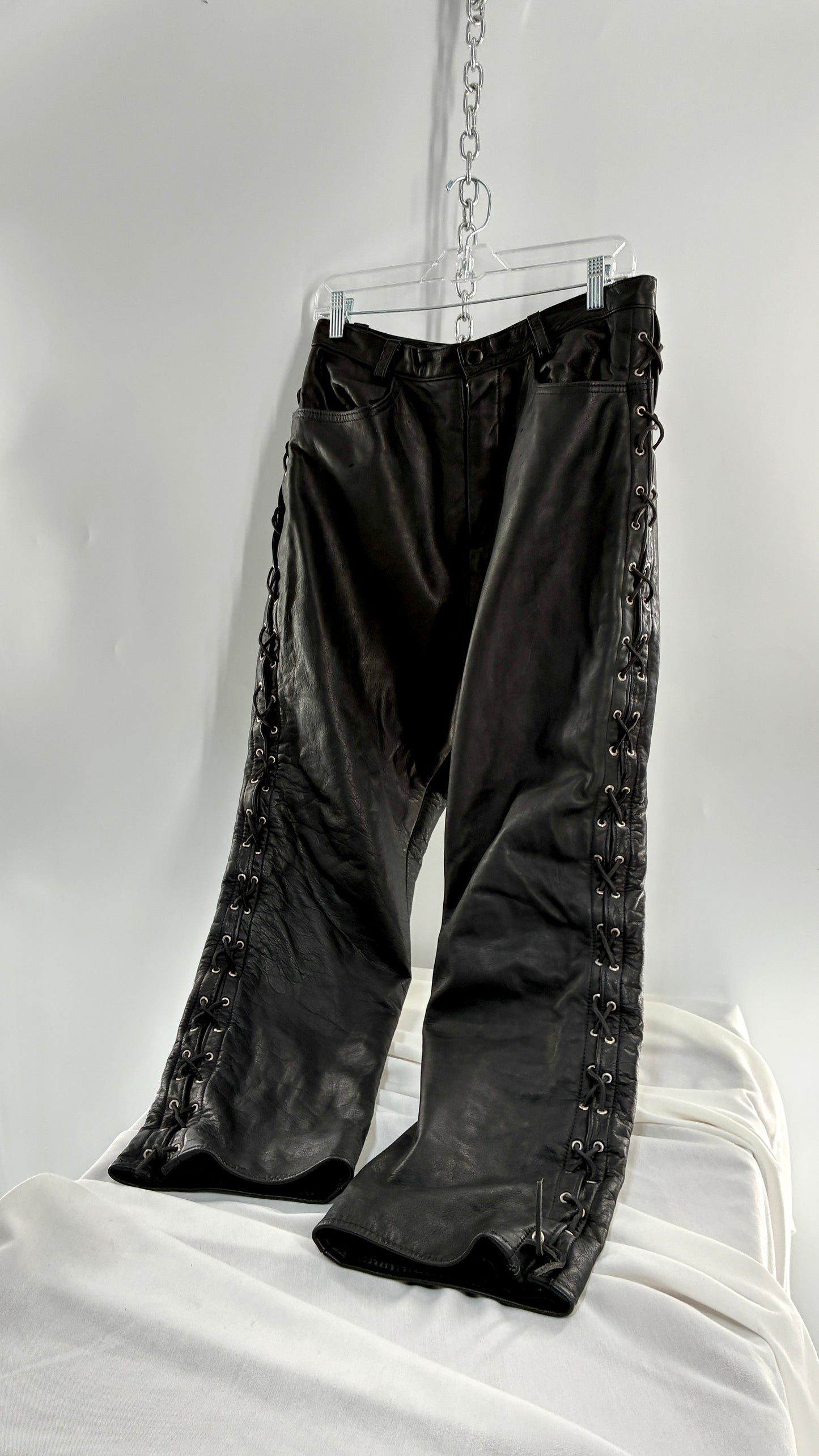 Vintage Thick Ultra Soft Black Leather Pants with Tie Up Sides (Medium)