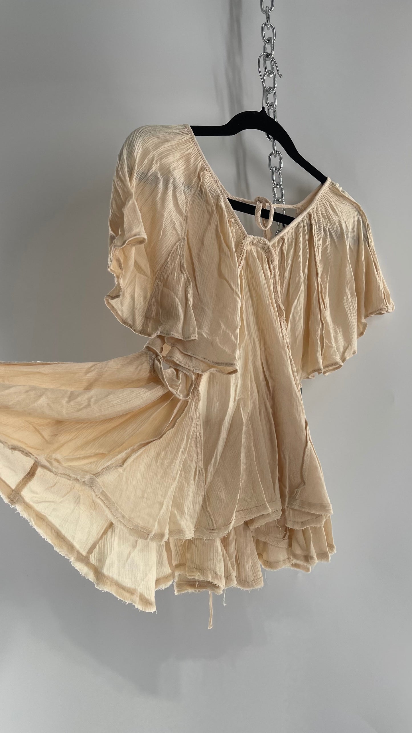 Free People Beige Open Back Drape Sleeve Blouse (XS)