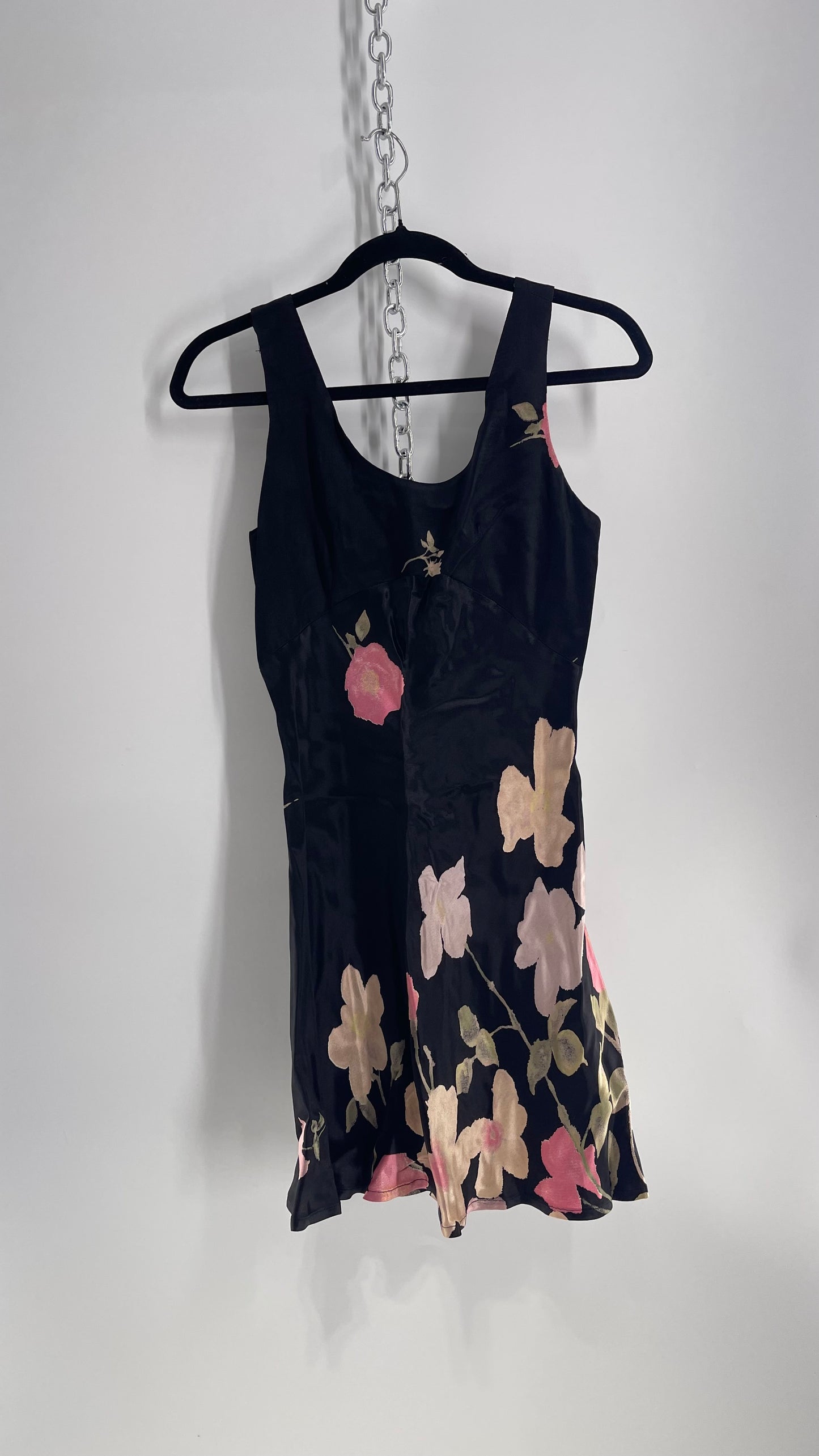 Vintage NC LOVE 1990s Underbust Stitch, Back Button, Silky, Floral Black Mini Dress (Small)