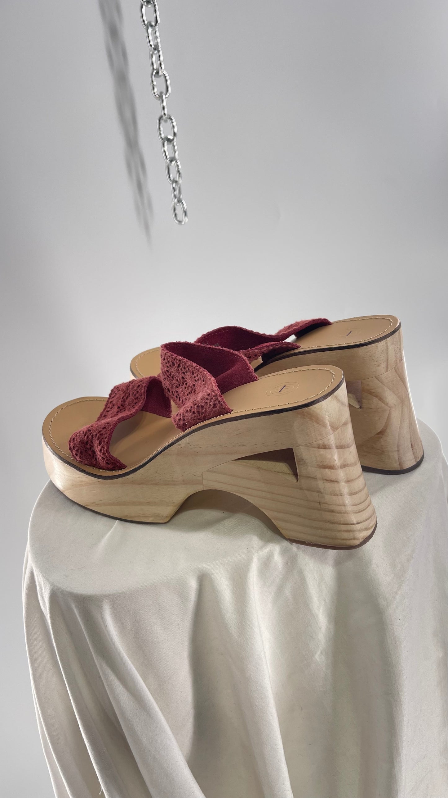 Urban Outfitters Wooden Clog with Leather and Lace Maroon Red Straps (6)