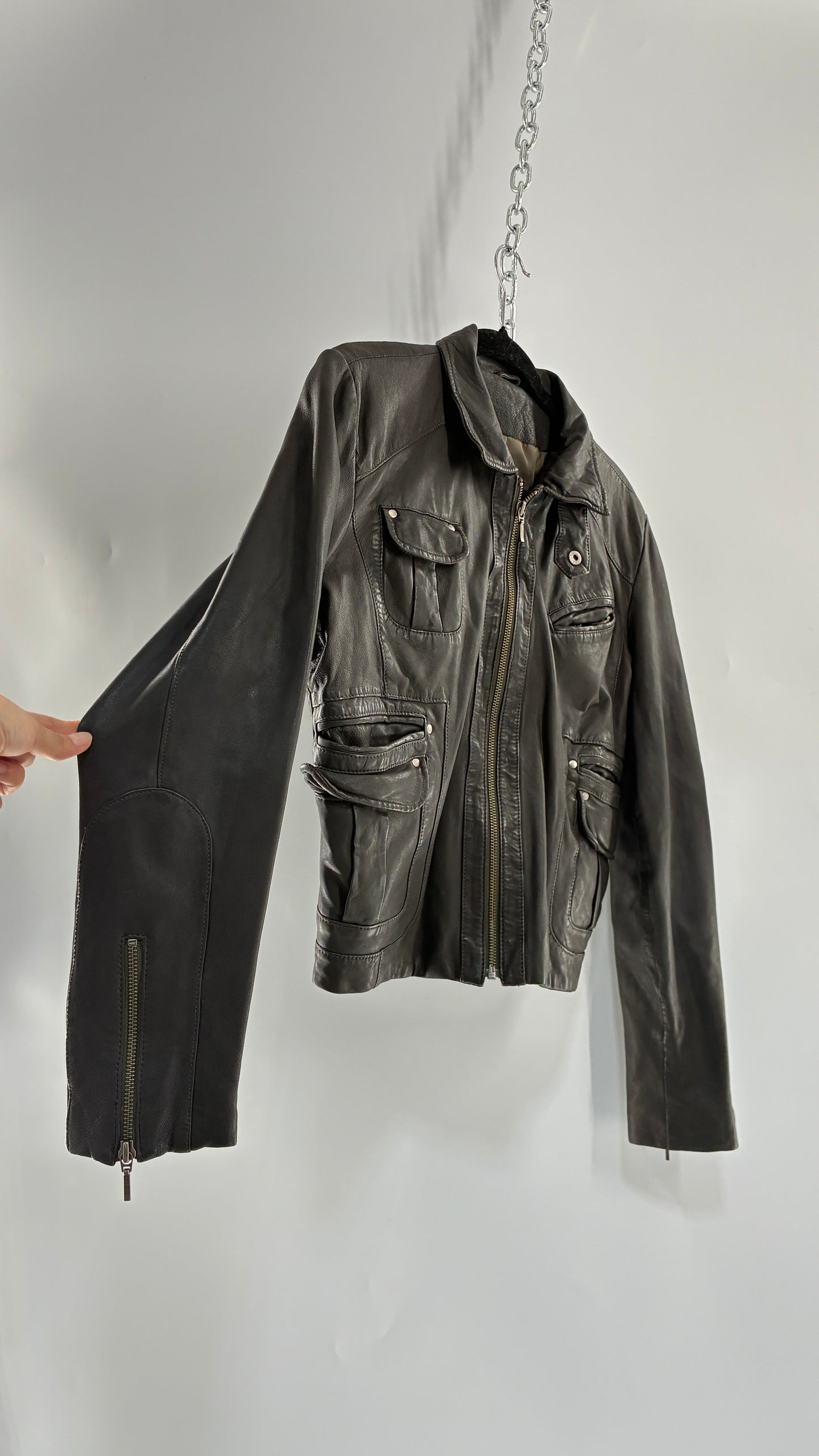 Vintage IDENTIFY Soft Genuine Leather Jacket with High Neck and Multi Pocket Details (Medium)