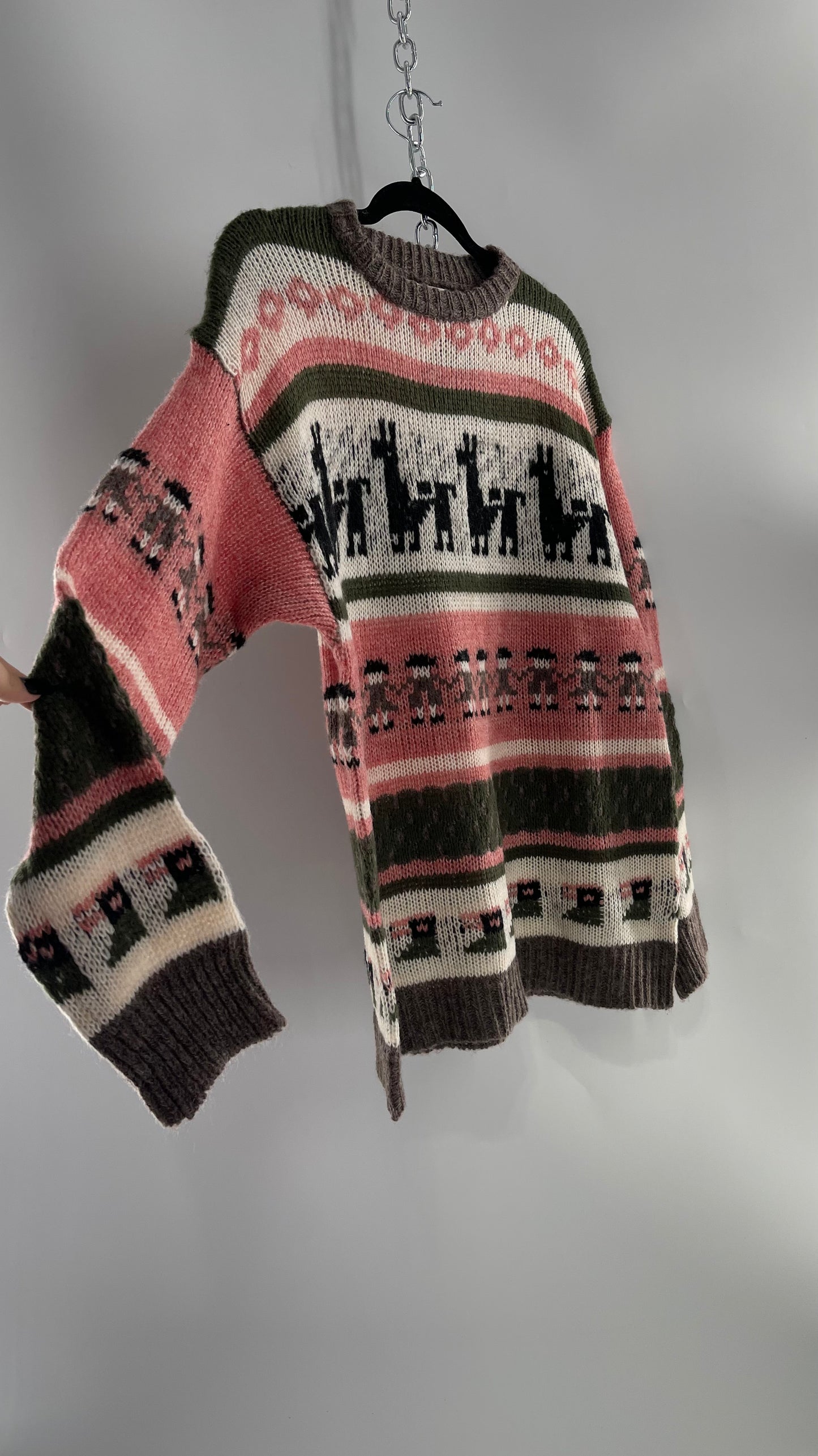 Cooke Collective Knit Llama/Alpaca Graphic Sweater with Army Green, Pink and White Colorway (Medium)