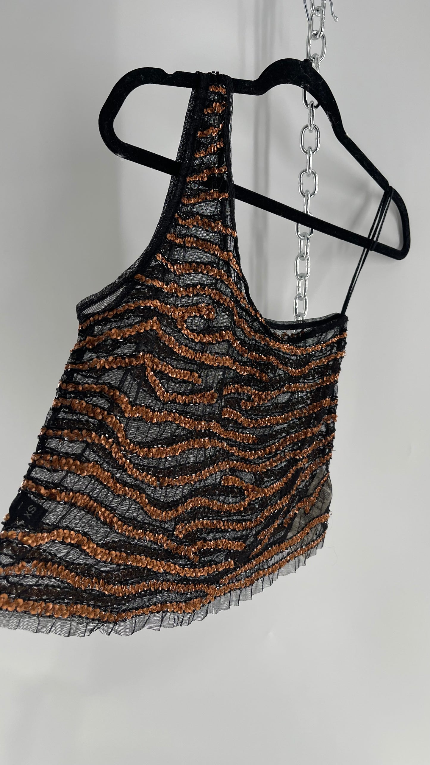 Free People Black Mesh One Shoulder Blouse with Copper Zebra Patterned Sequins (XS)