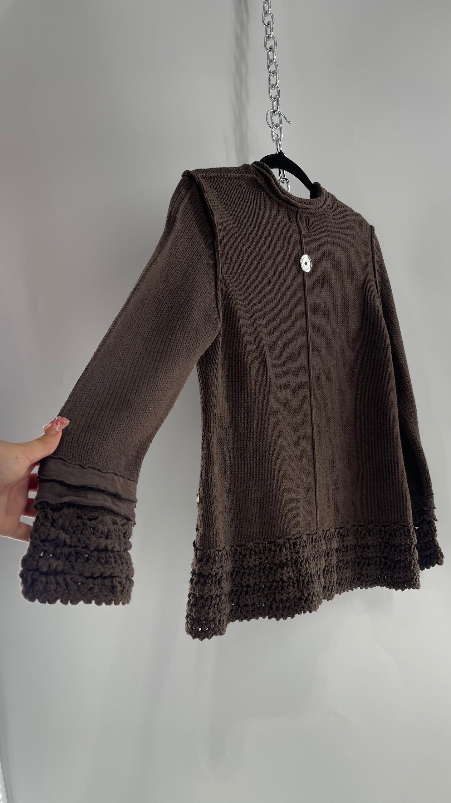 Vintage Pure Handknit Ruffle Hem Brown Cardigan with Button Front (S/M)