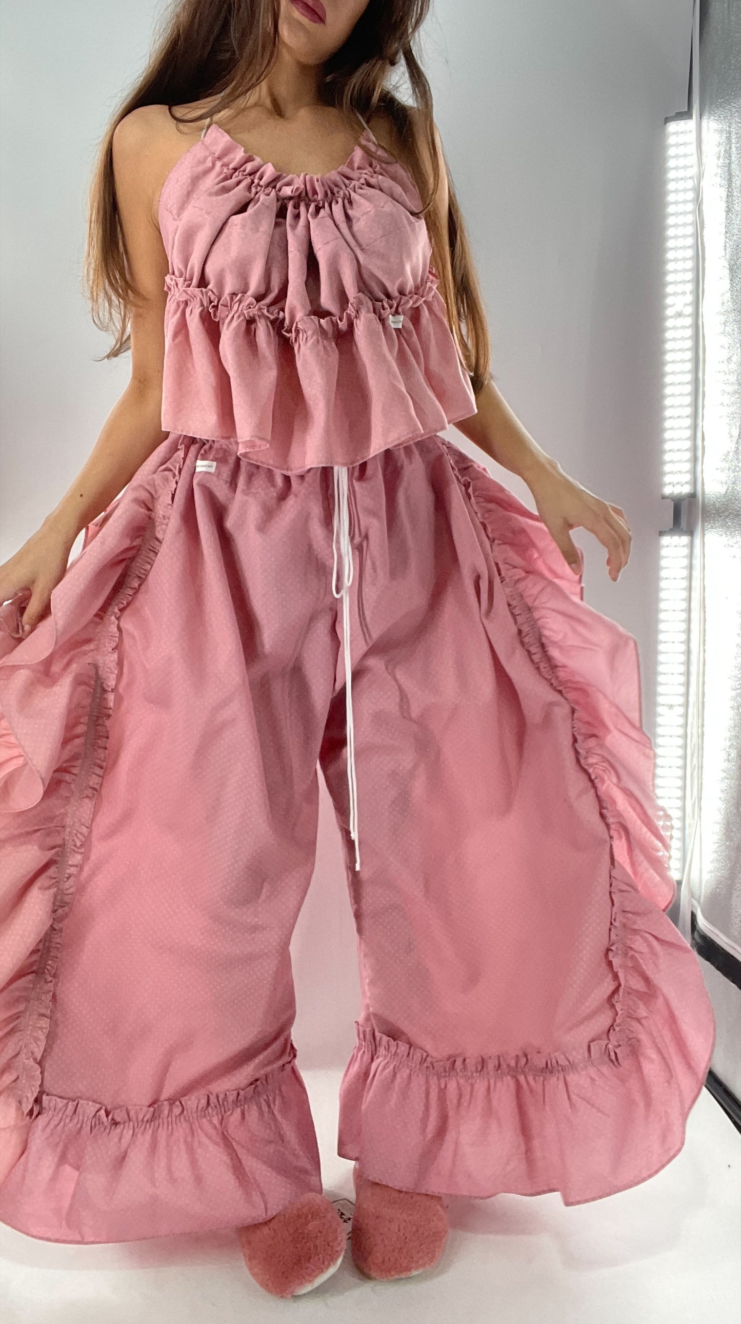 Vintage Handmade Maisie Pink 2pc Set with Ruffle Side/Ruffle Bum and Adjustable Waist Line and Blouse (One Size)