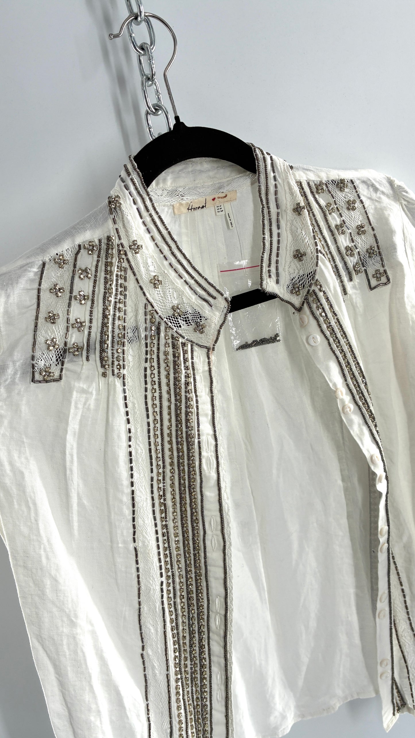 Anthropologie FLOREAT Linen Cotton White Button Up with Lace and Rhinestone Details (4P)