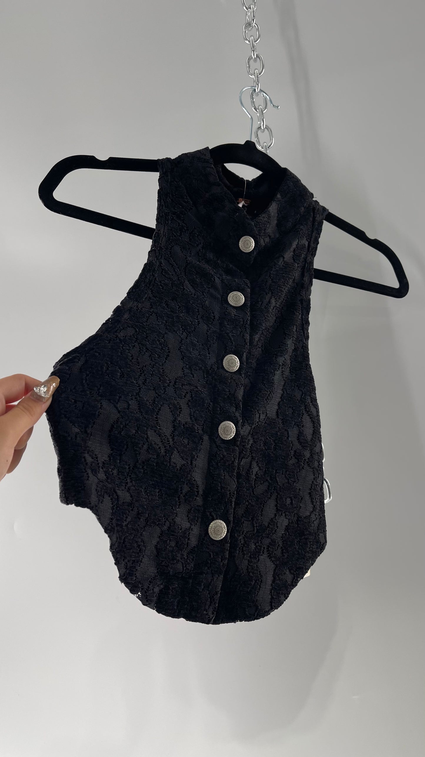 Free People Black Velvet Lace Sleeveless with Metal Buttons (Small)