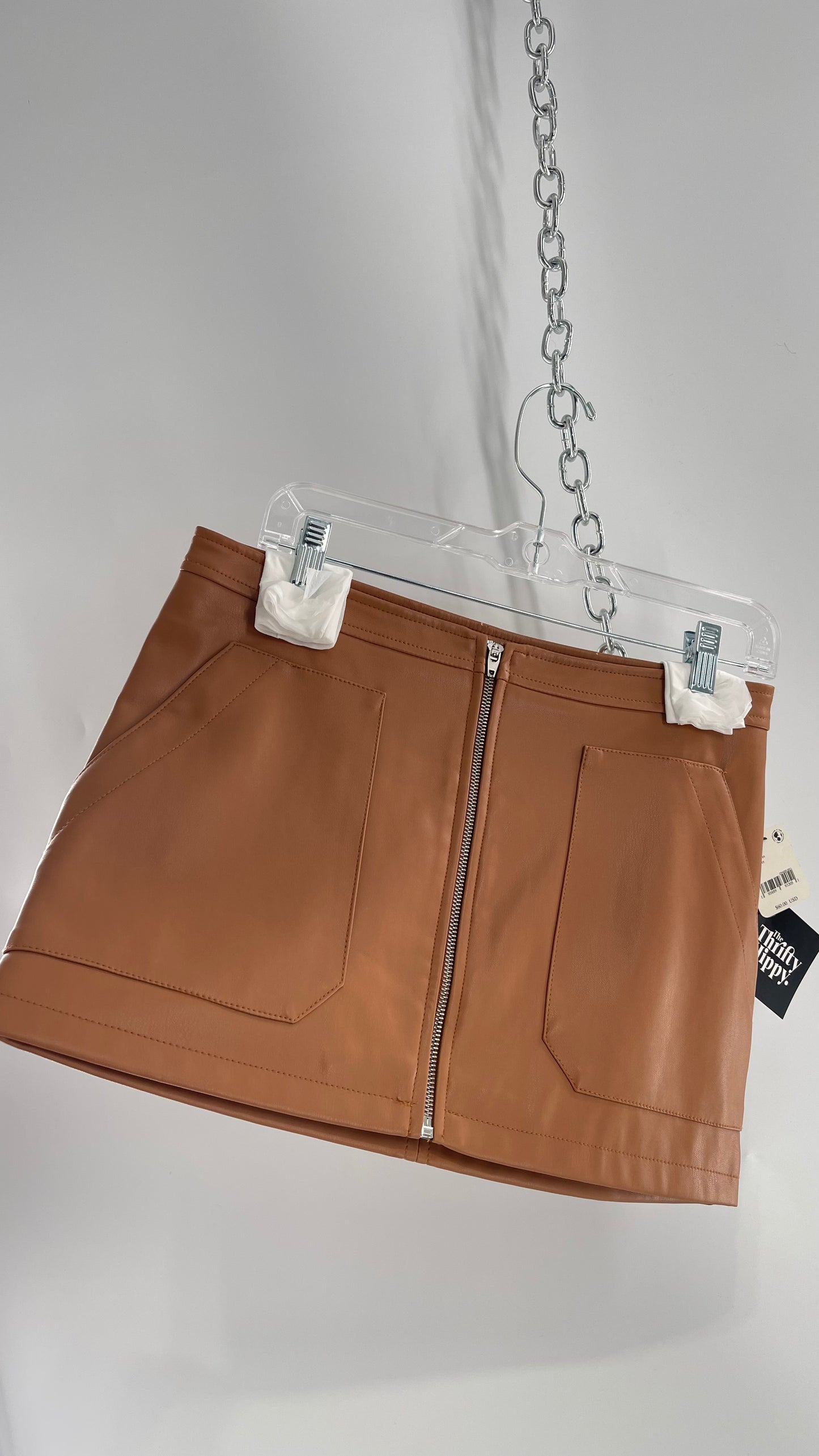 Free People Cognac Brown Vegan Leather Zip Front Skirt with Tags Attached (6)