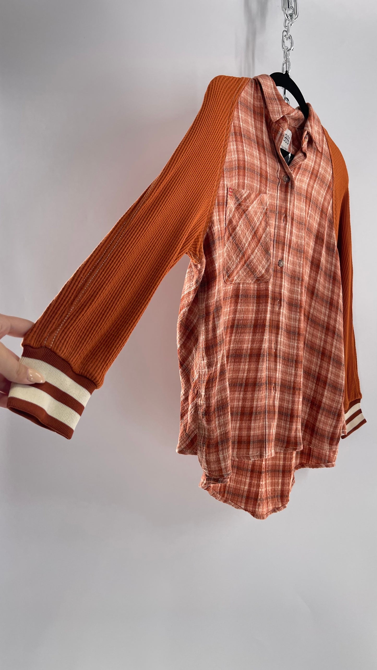 BDG Burnt Orange Flannel with  Waffle Knit Sleeves (XS)