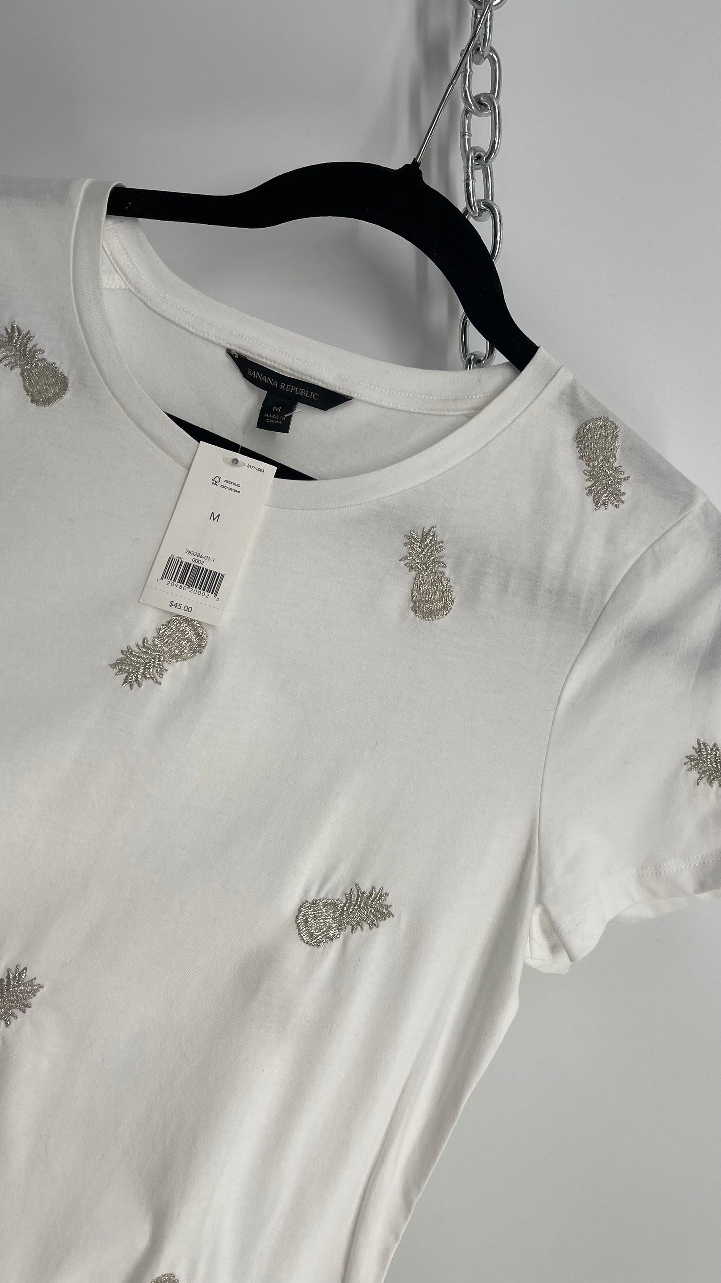 Banana Republic White Silver Embroidered Pineapple T Shirt with Tags Attached (Medium)