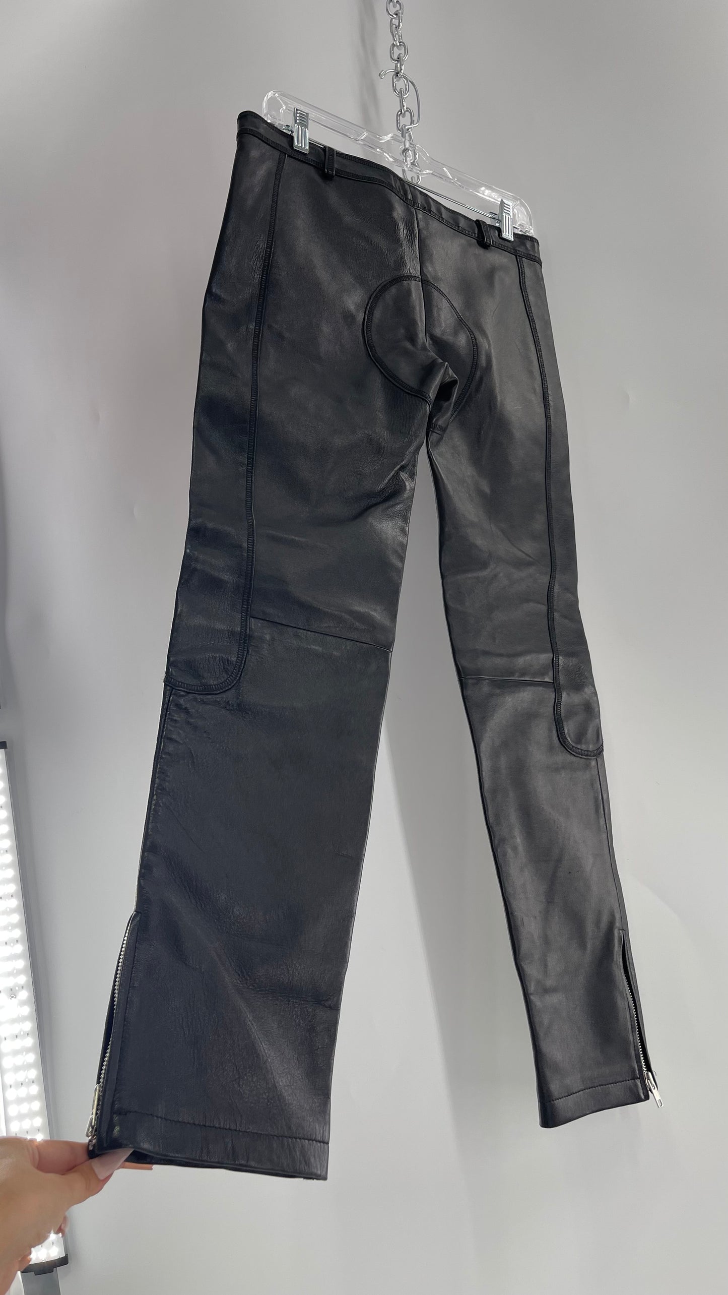 PAOLA FRANI 1990s Black Genuine Leather Low Waisted, Zip Front, Patched Bum and Knee Pants (8)