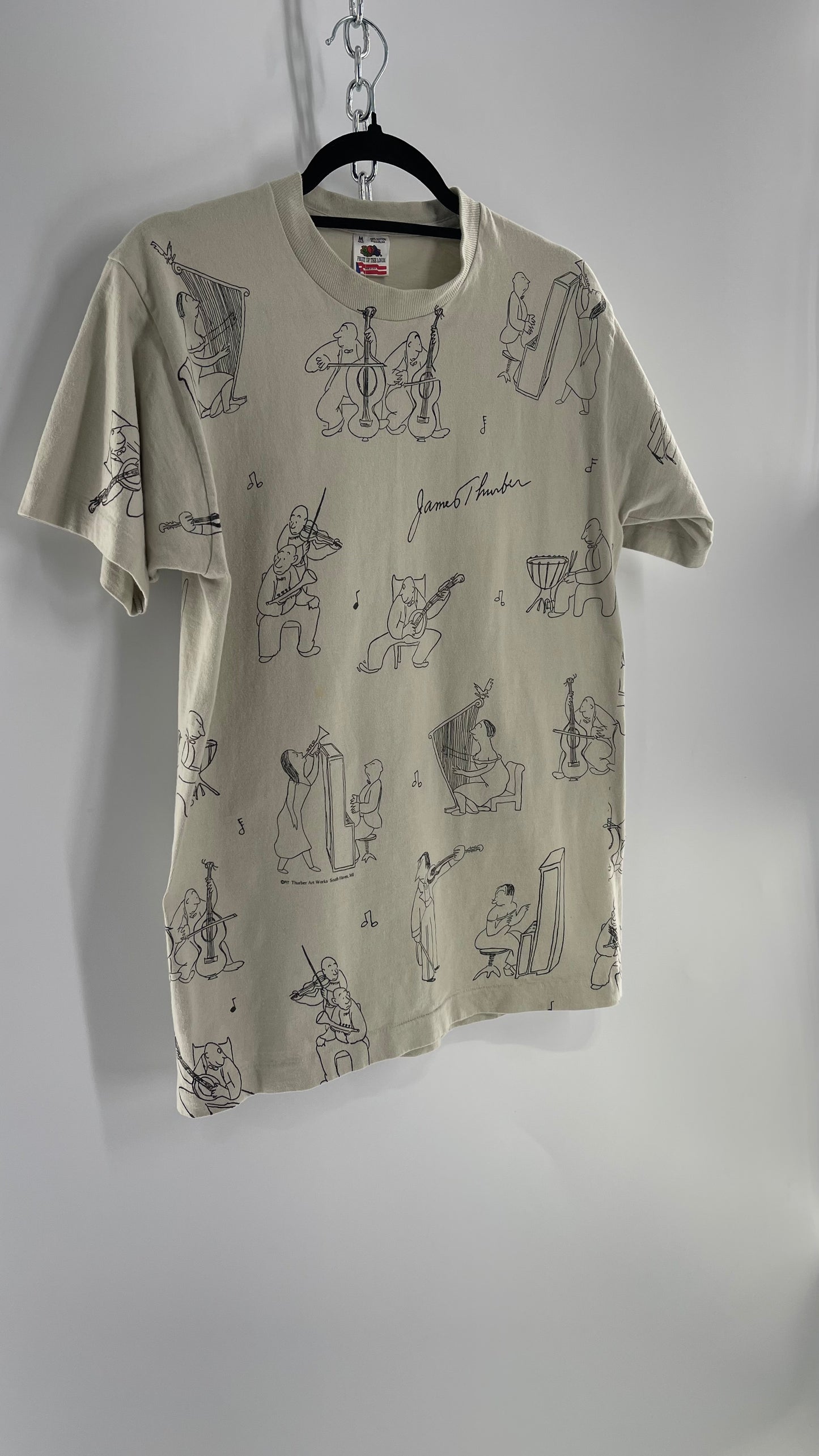 Vintage James Thurber Welcome to the Opera Beige Doodle Comic Sketch T Shirt (M)