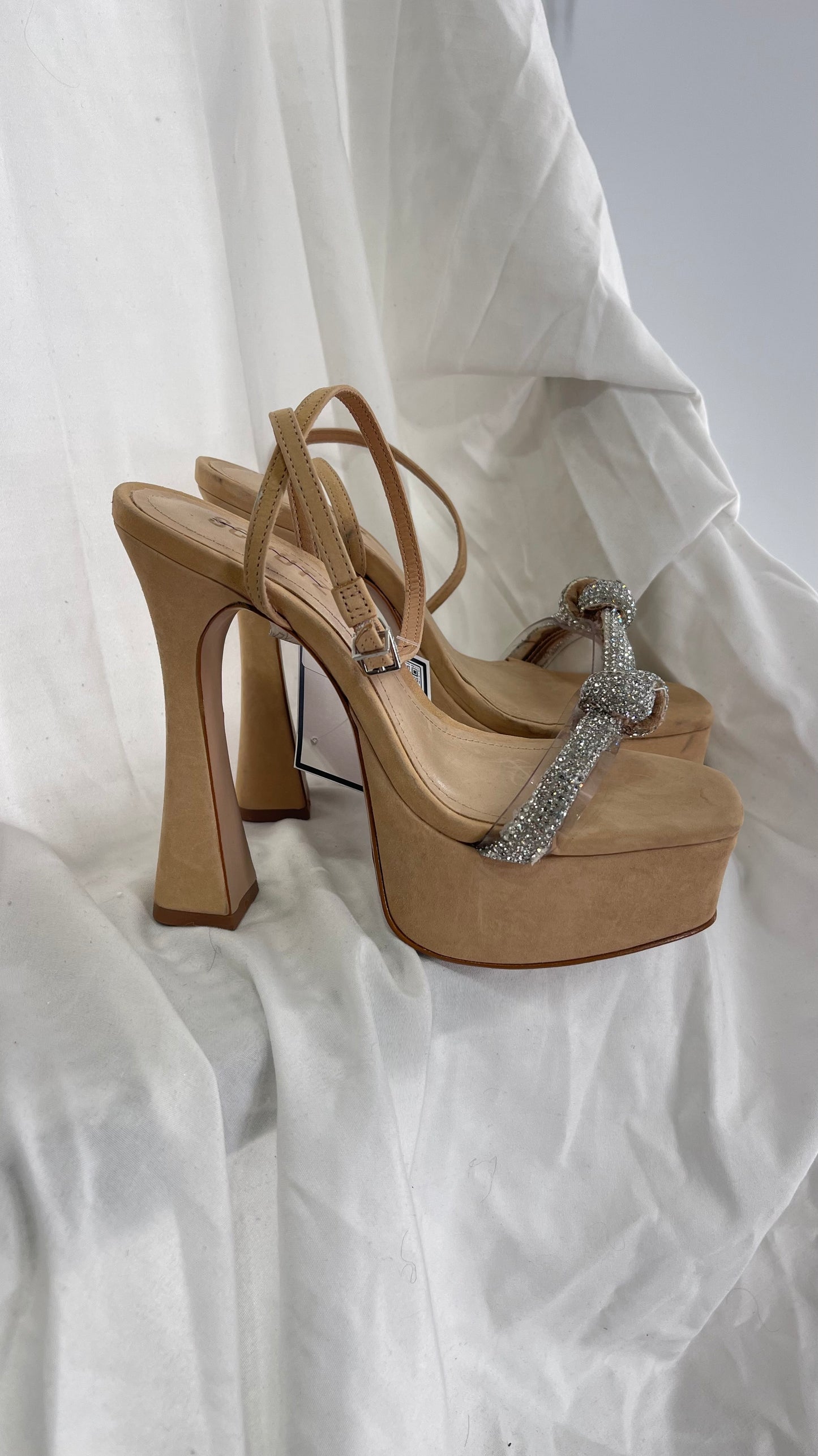 SCHÜTZ Peaky Beige/Tan/Nude Platform Heel with Funky Heel and Clear Knot Rhinestone Toe Strap (6)