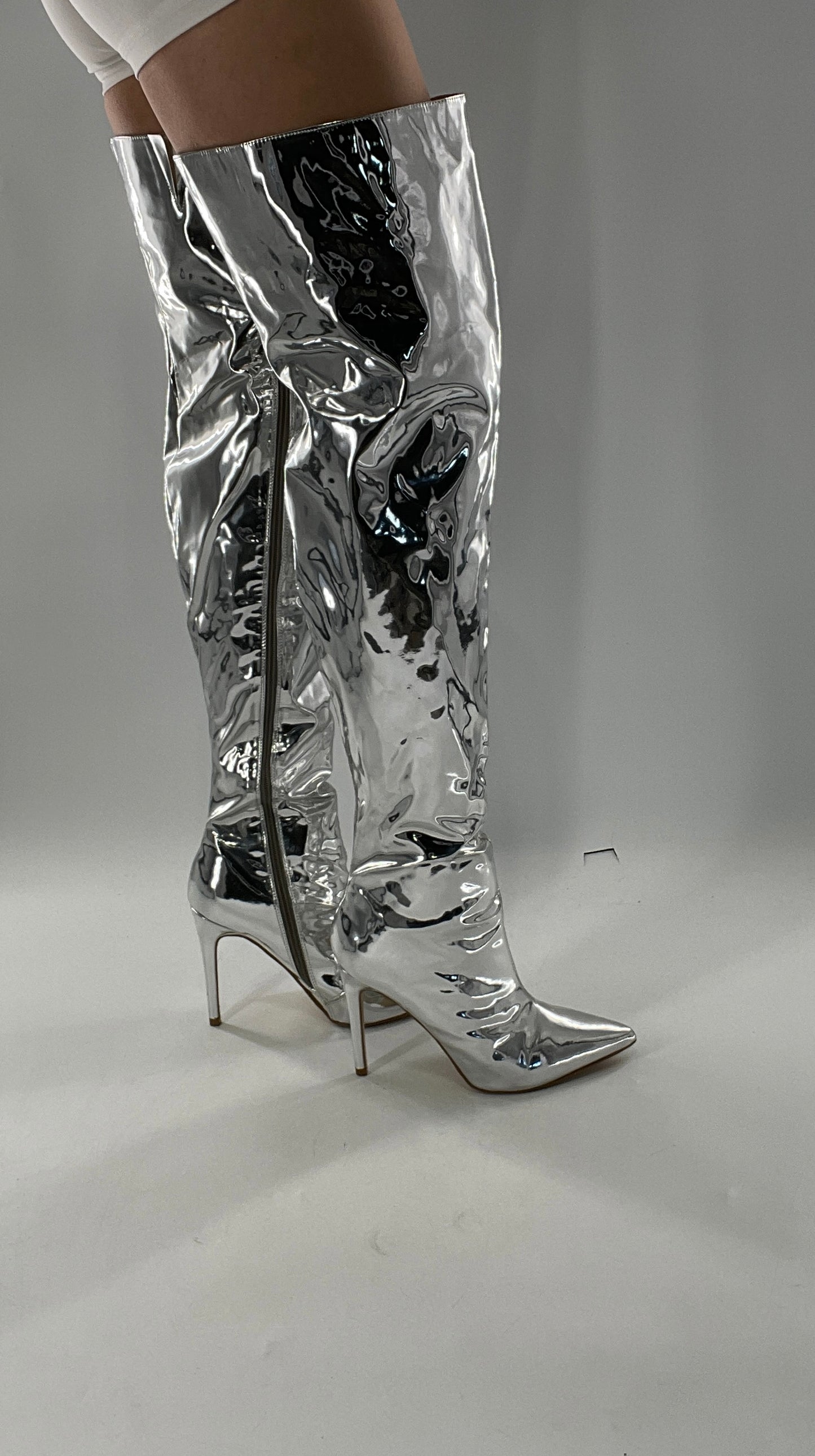 Vintage Chrome Platinum Mirrored Thigh High Molten Metal Sky High Boots Space Cadet/Concert (7)