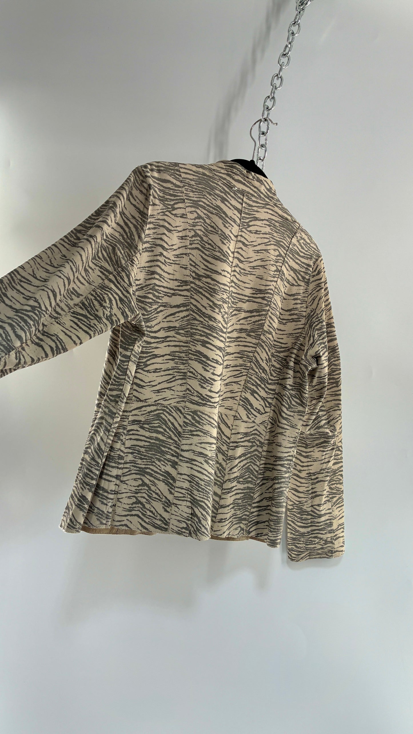 Vintage Reversible Thin Genuine Suede Leather Zip Up Jacket Beige/Zebra (Medium)