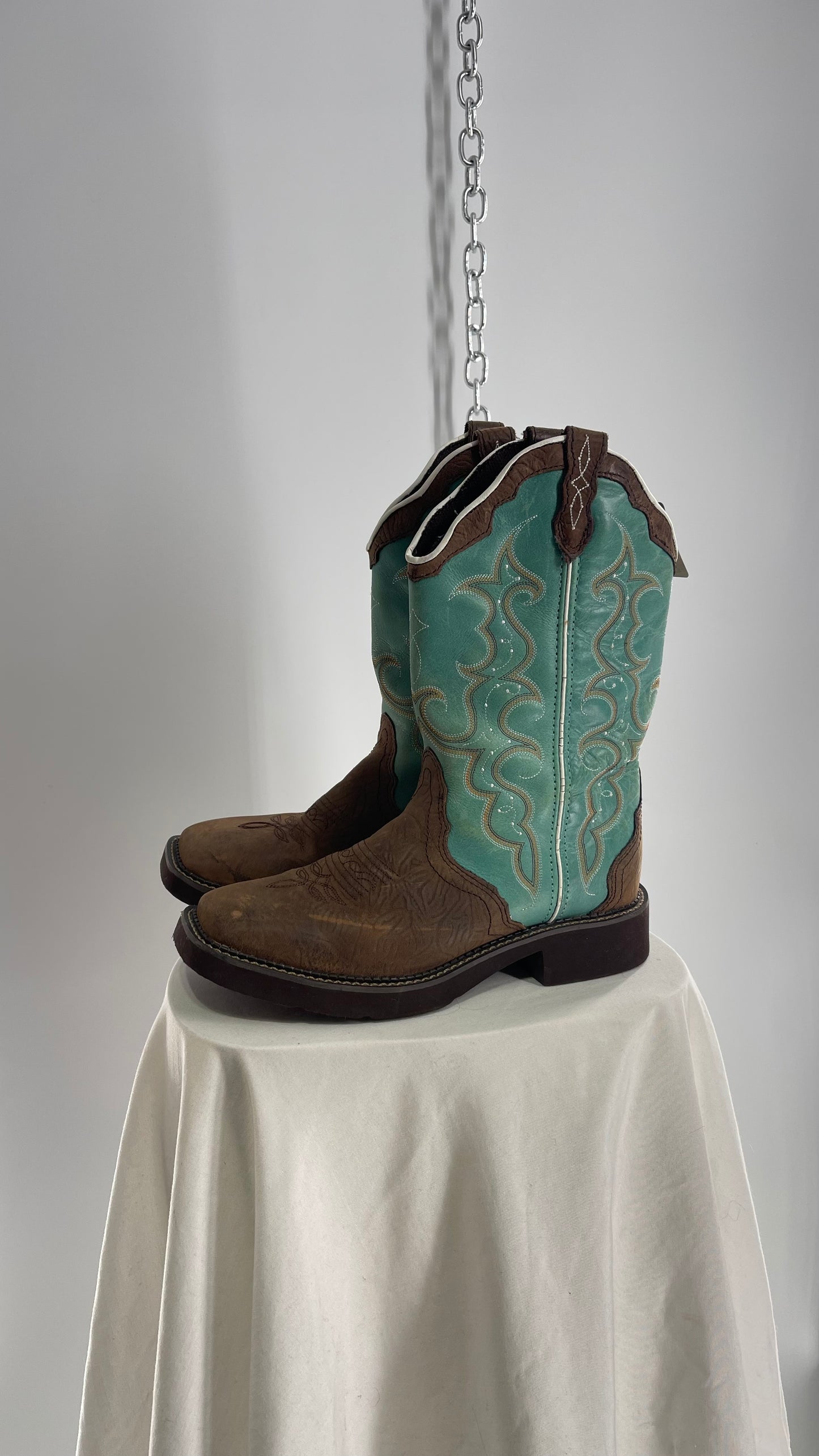 Vintage Justin Gypsy Brown Leather Turquoise Raya Cowboy Boots (8.5B)