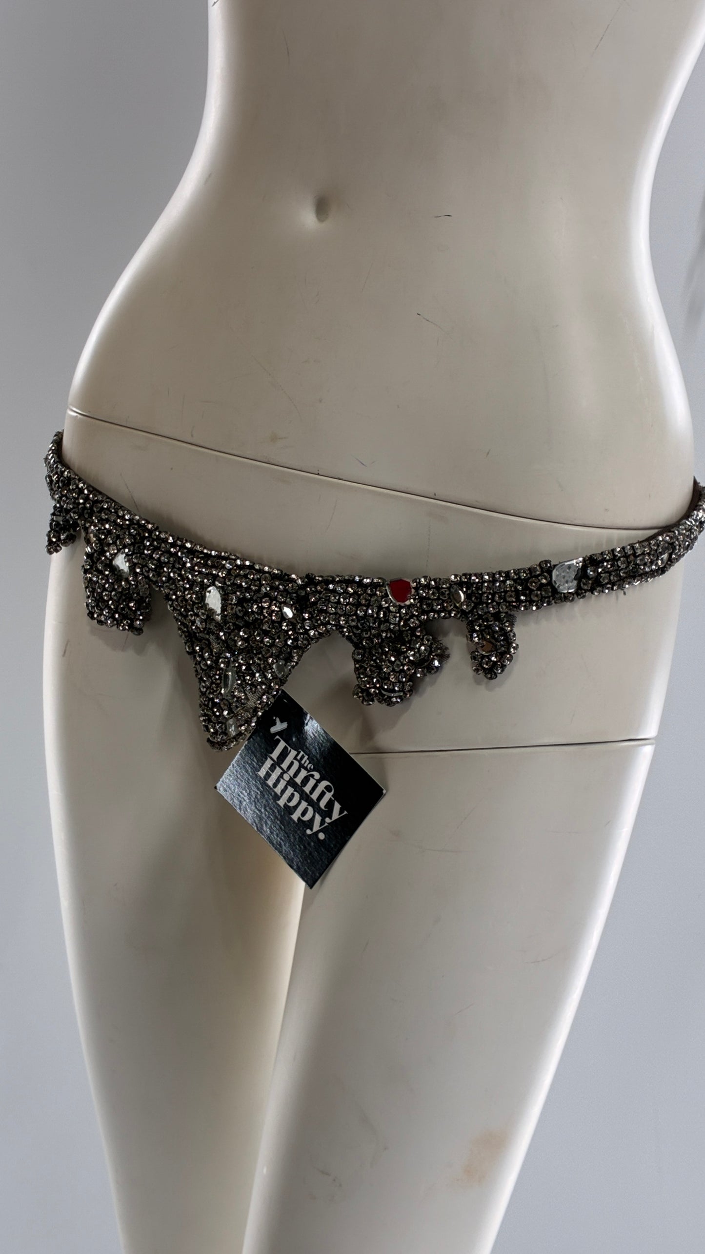 Vintage Brown Suede Leather Scalloped Belt Covered in Rhinestones and Heavy Ornate Beading