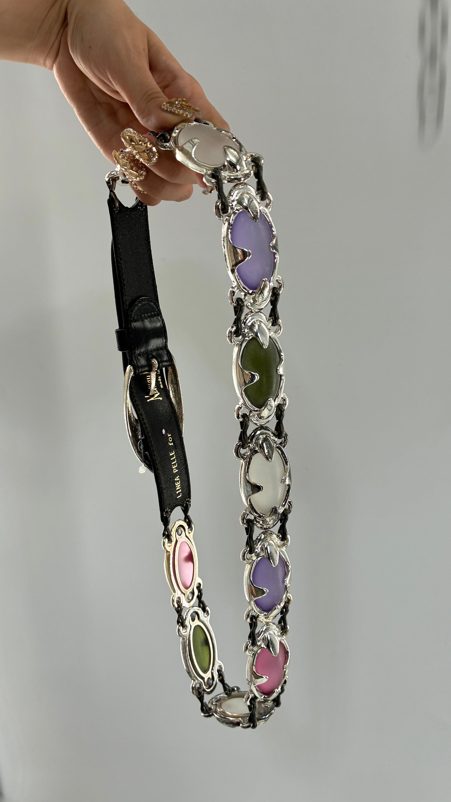 Vintage NEIMAN MARCUS Linea Pelle  Silver Metal Belt with Oversized, Sautered Gemstone Details Made in Italy (Medium)