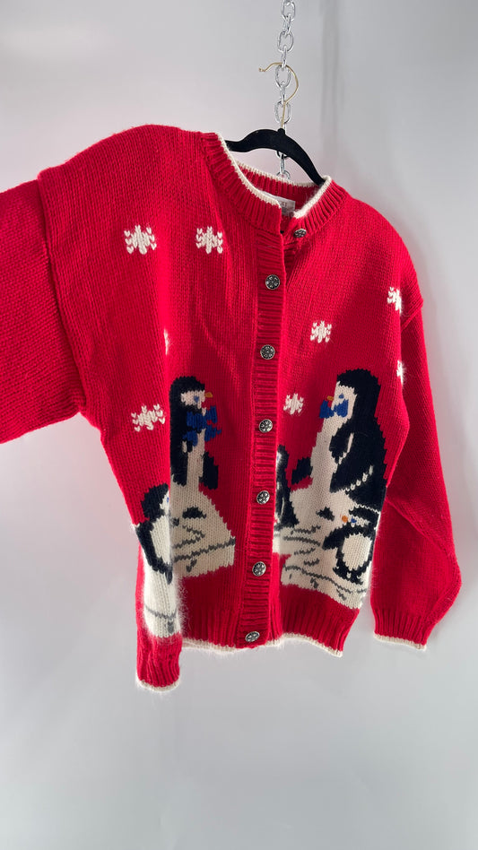 Vintage Karen Scott Silver Button Front, Red Cardigan with Shoulder Padding and the Sweetest Festive Penguins in Bow Ties (Large)