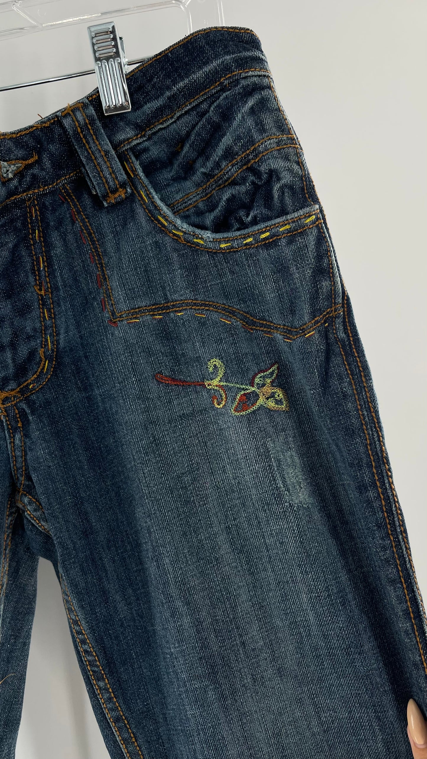 Vintage RARE Antik Denim Kick Flares with Embroidered Flower Design and Contrast Stitching (28)