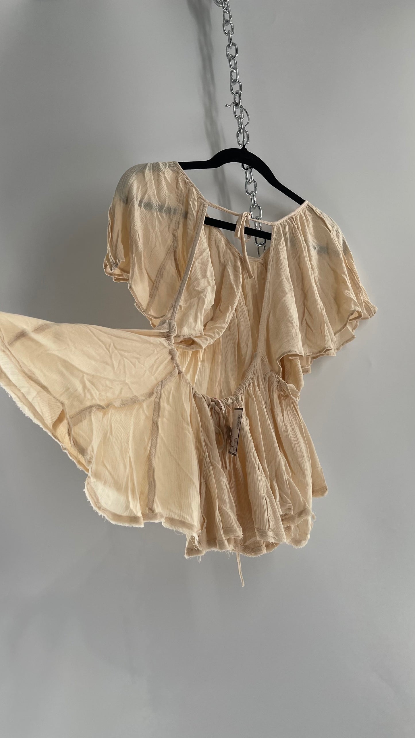 Free People Beige Open Back Drape Sleeve Blouse (XS)