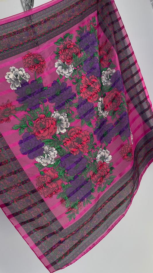 Vintage Fuchsia Purple Flower Mural Scarf with Border